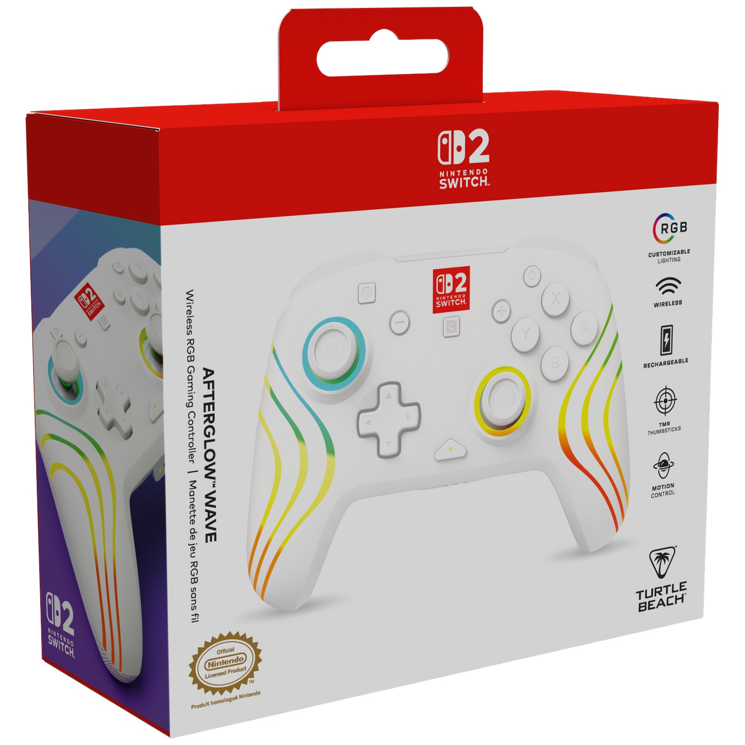 Boîte de manette Nintendo Switch blanche avec design d'ondes arc-en-ciel. Éclairage RVB.