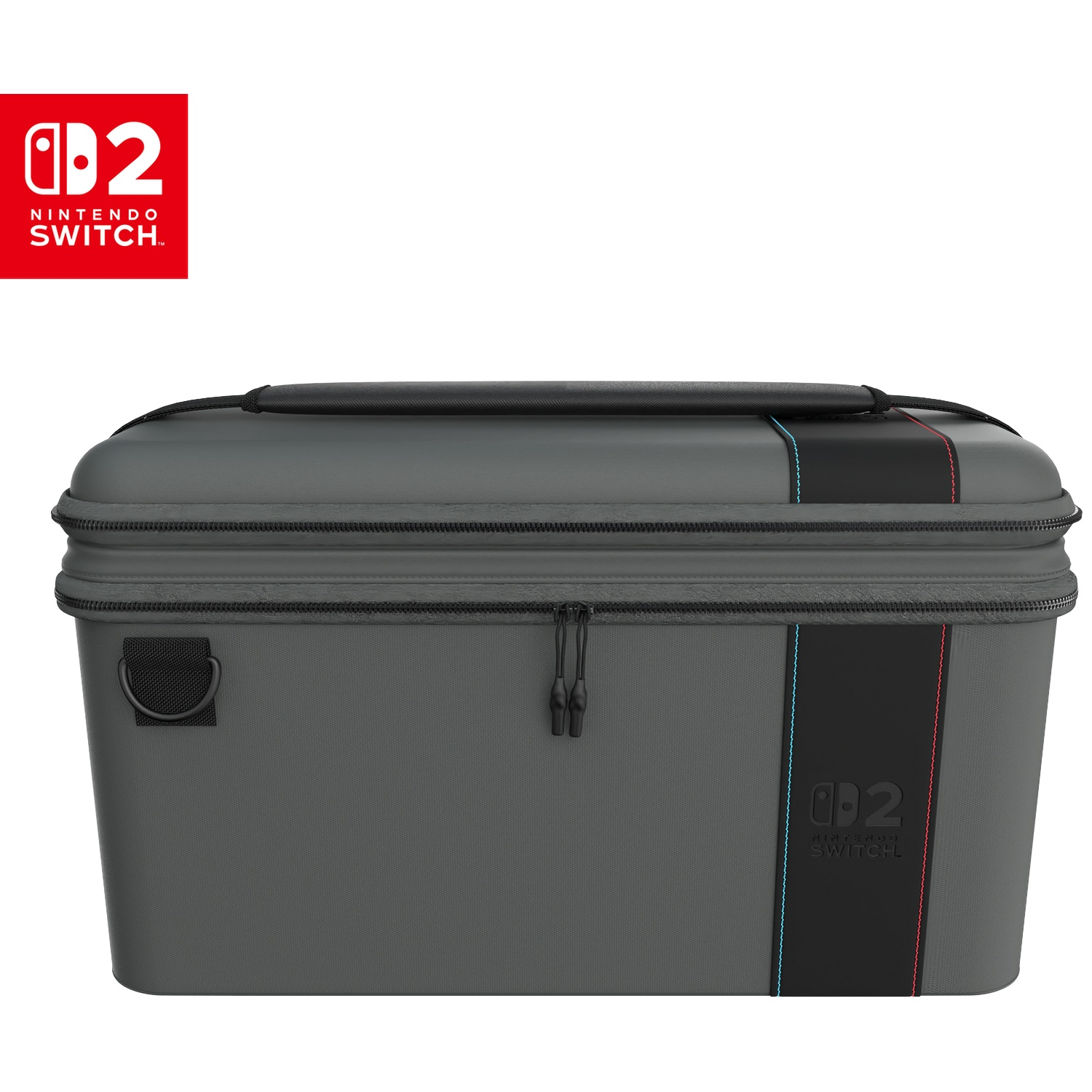 A gray Nintendo Switch carrying case with red and blue trim and a black handle.