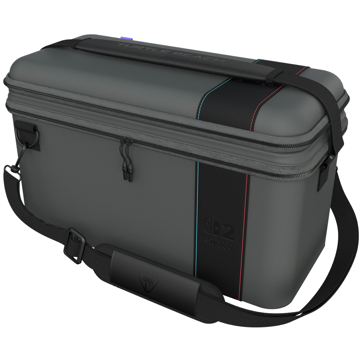 Gray carrying bag with black handle and strap, accents in black, red, and blue.