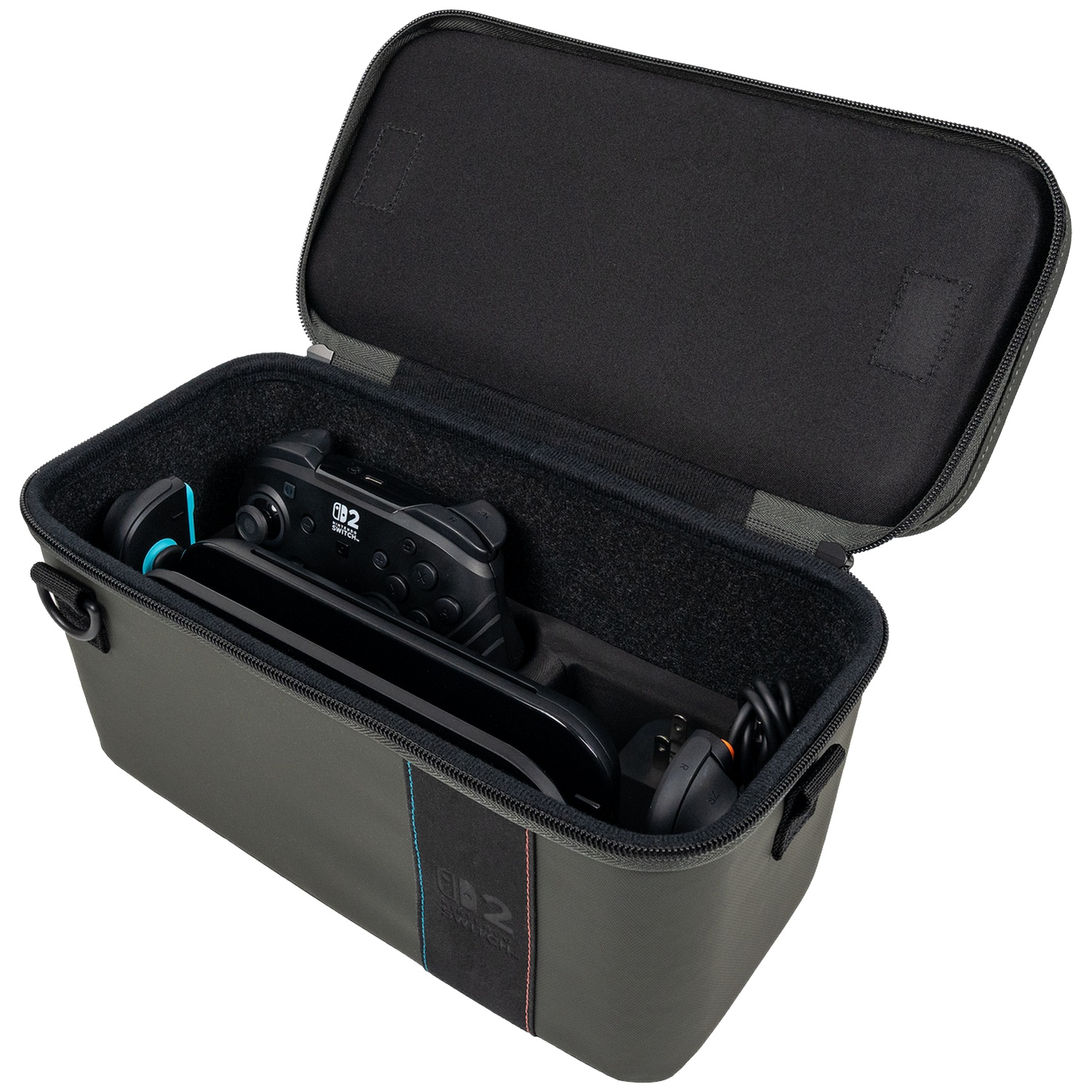 Open grey case with Nintendo Switch, controller, and cables inside.