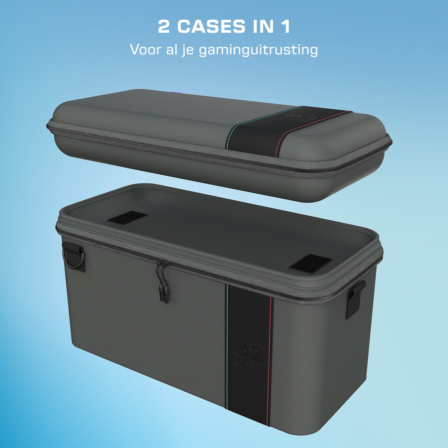 Two gray, rectangular gaming cases stacked on top of each other against blue backdrop.