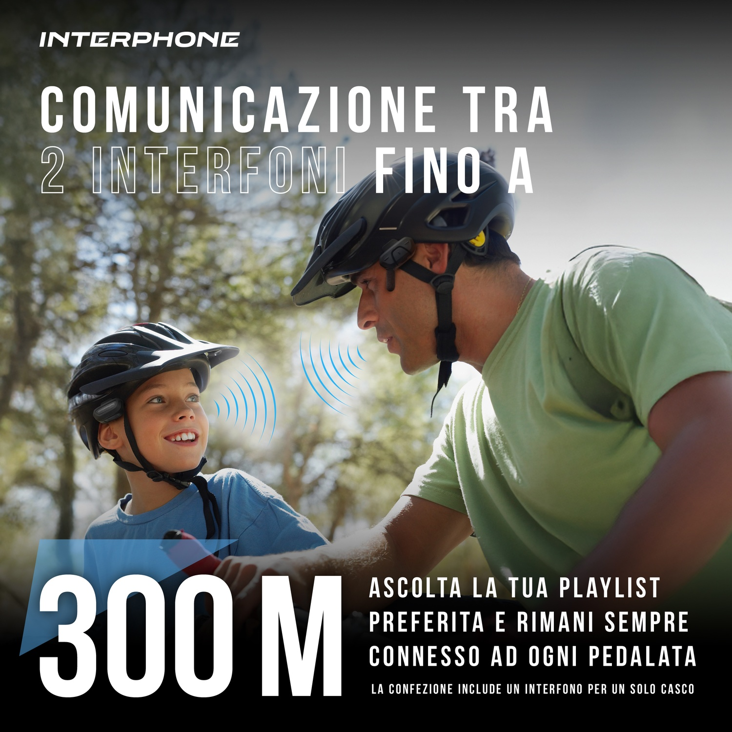 Uomo e ragazzo con casco comunicano a 300m con onde blu.