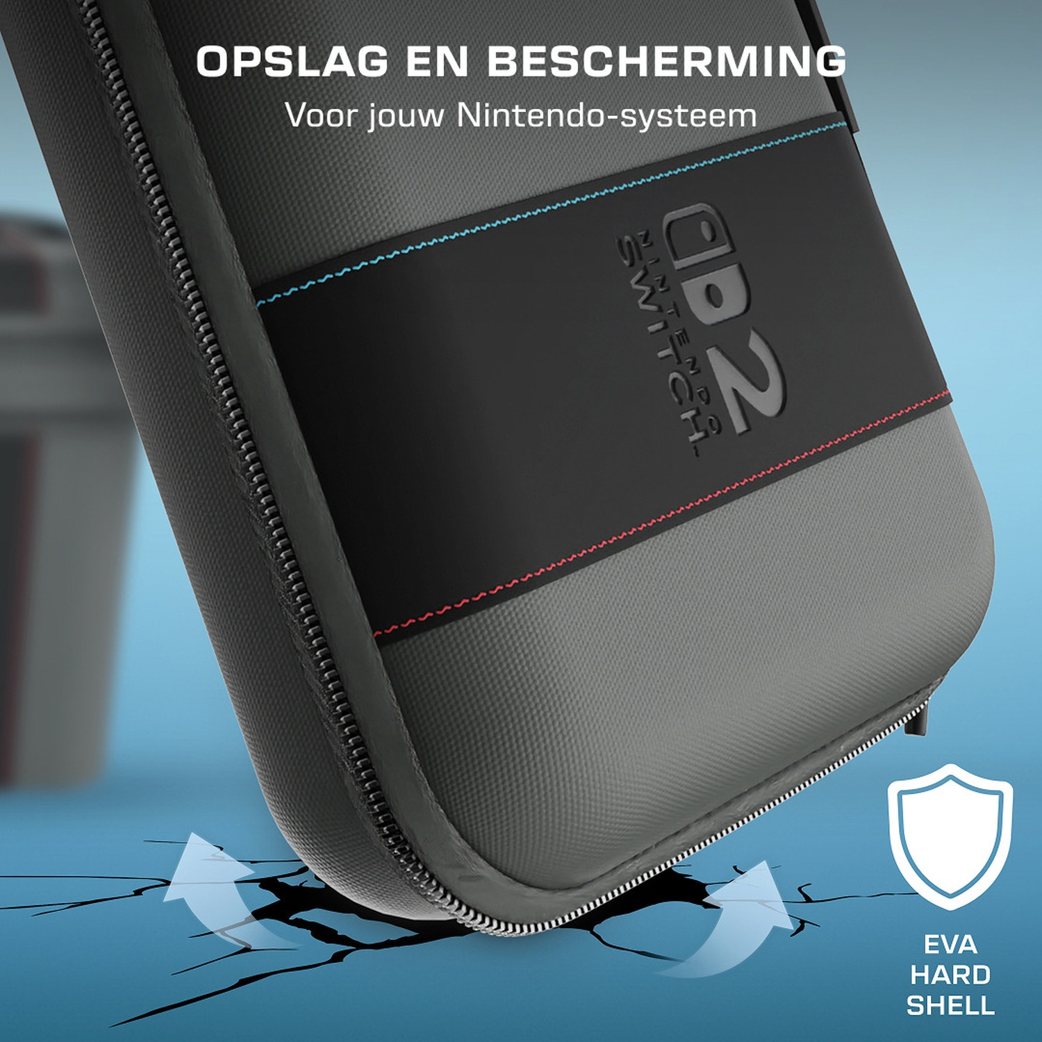 Gray Nintendo Switch case with "D2 Switch" logo on cracked ground.