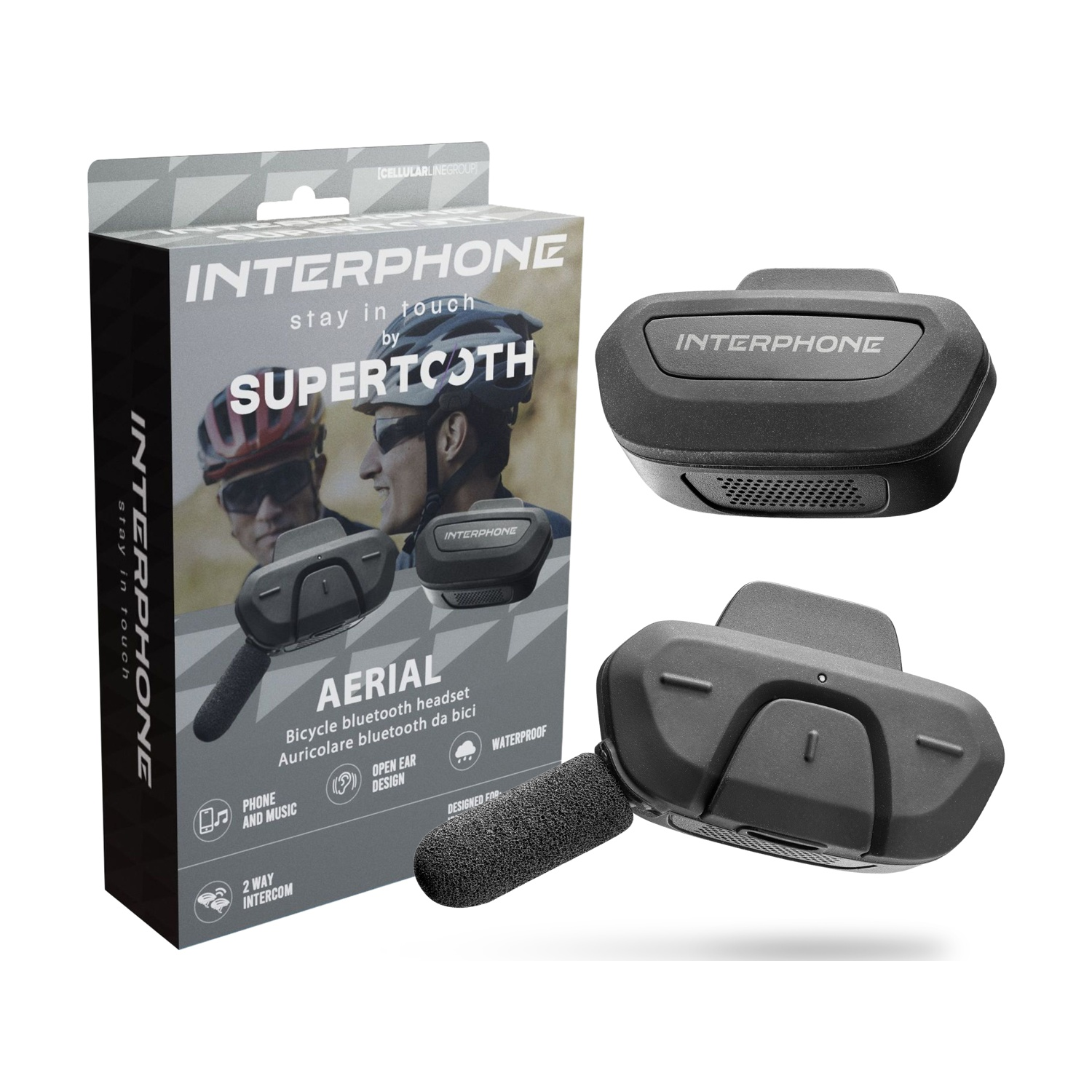 Auricolare Bluetooth da bici Interphone Aerial con microfono e confezione.