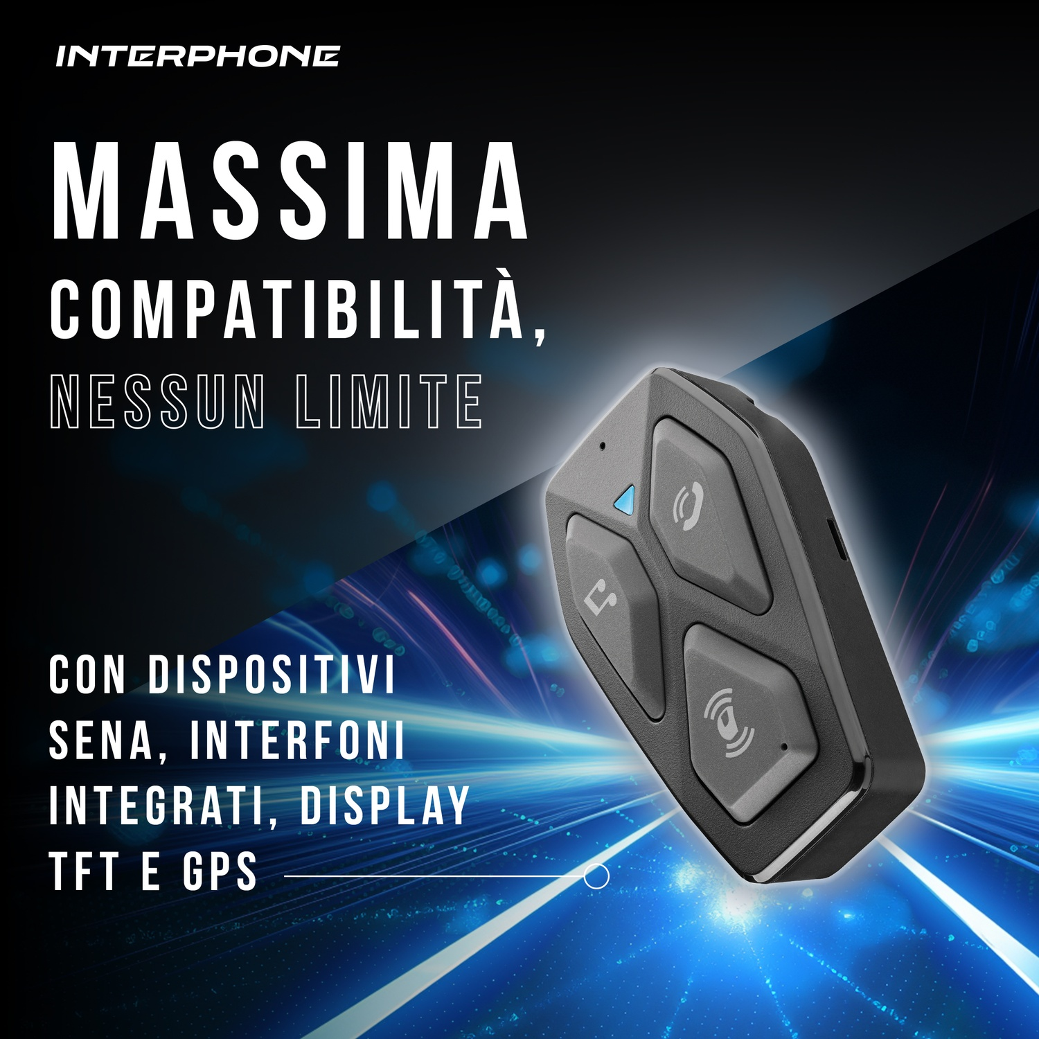 Un controller intercom grigio con tre pulsanti e una luce blu.