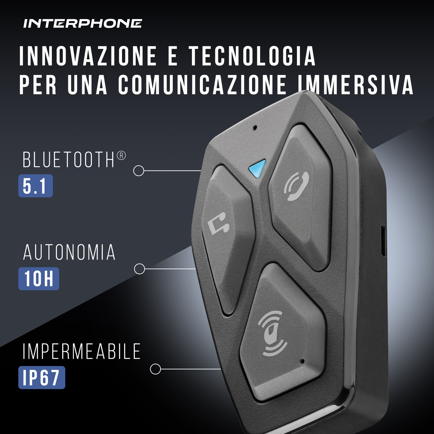 Dispositivo Interphone con Bluetooth 5.1, autonomia 10h, IP67 impermeabile.