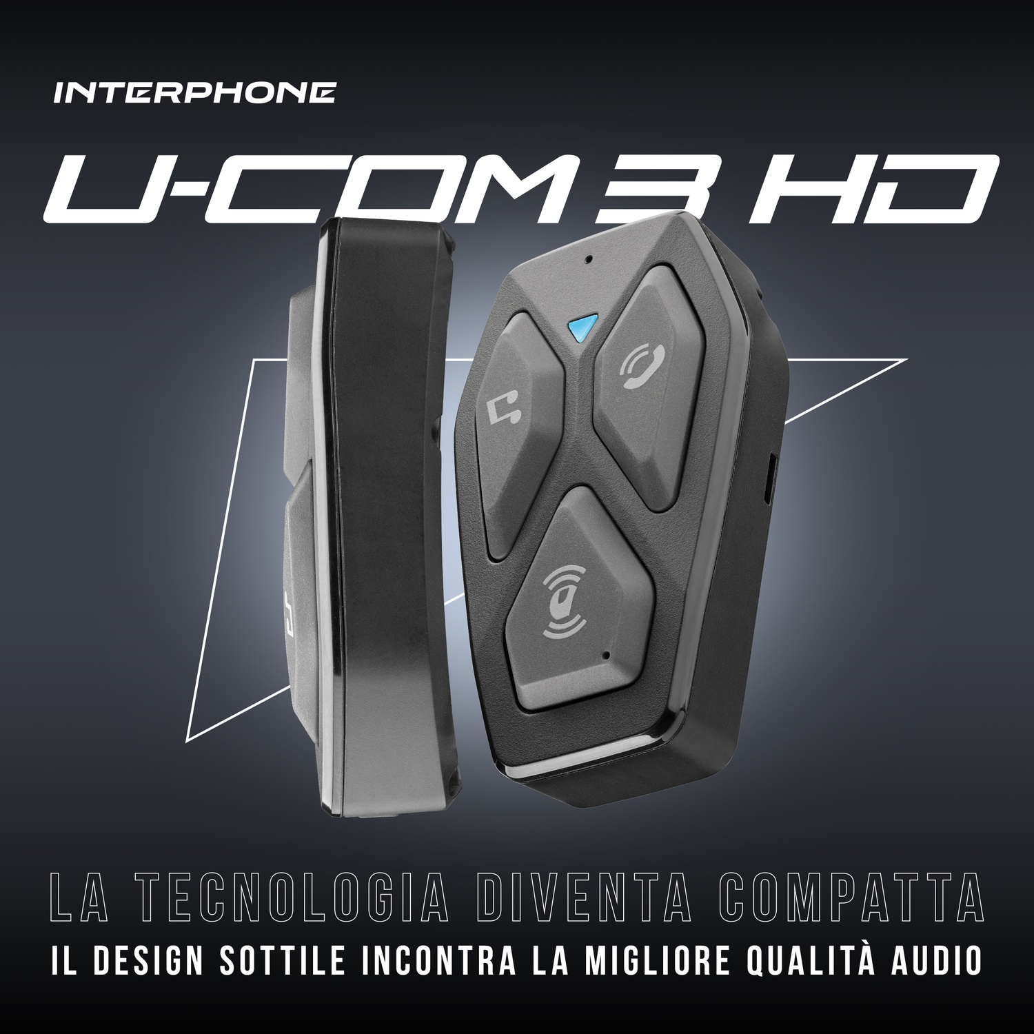 Interphone U-Com 3 HD con pulsanti e luce blu su sfondo scuro.