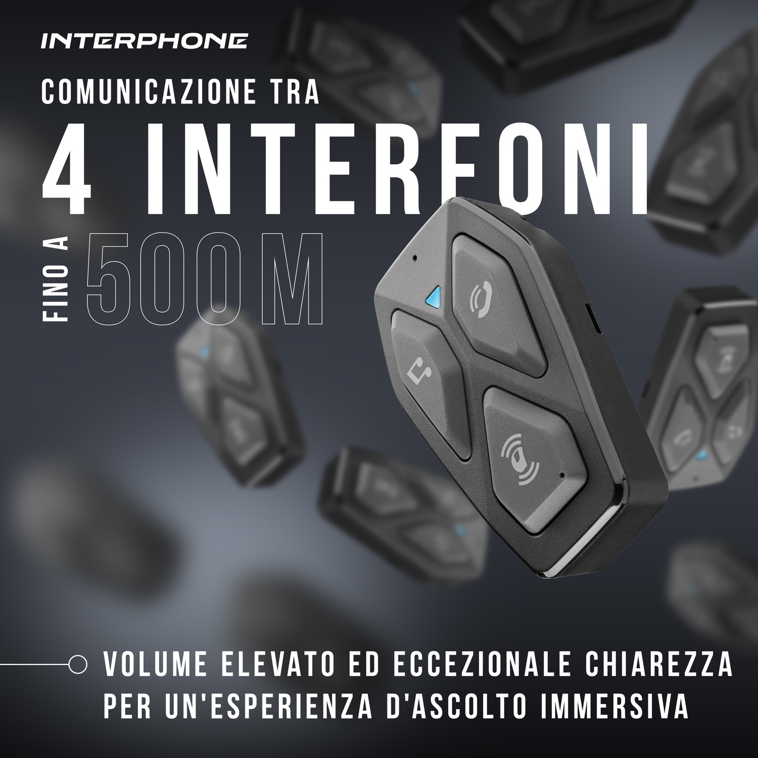 Dispositivi Interphone per 4 persone fino a 500m. Qualità audio chiara.