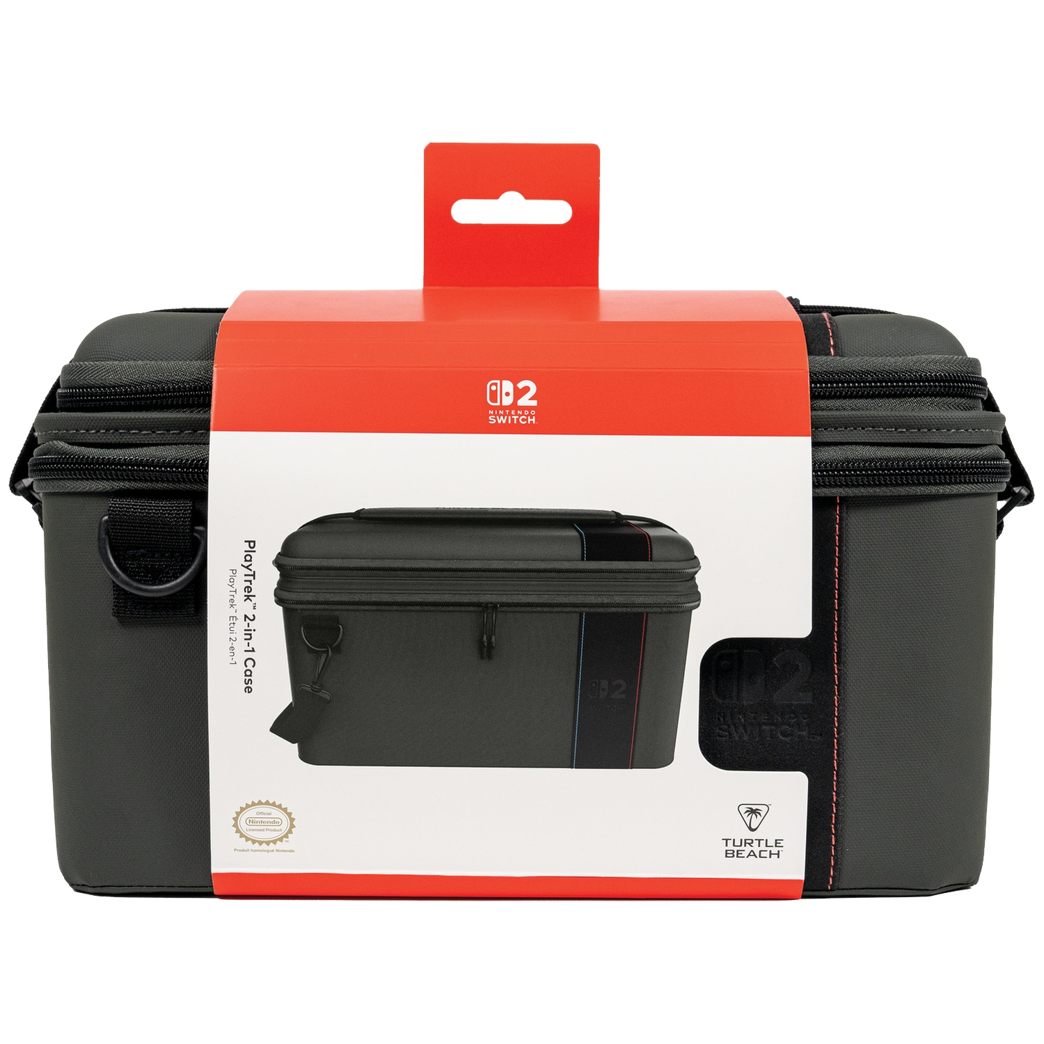 Black Nintendo Switch case with red hanging tab and printed logos.