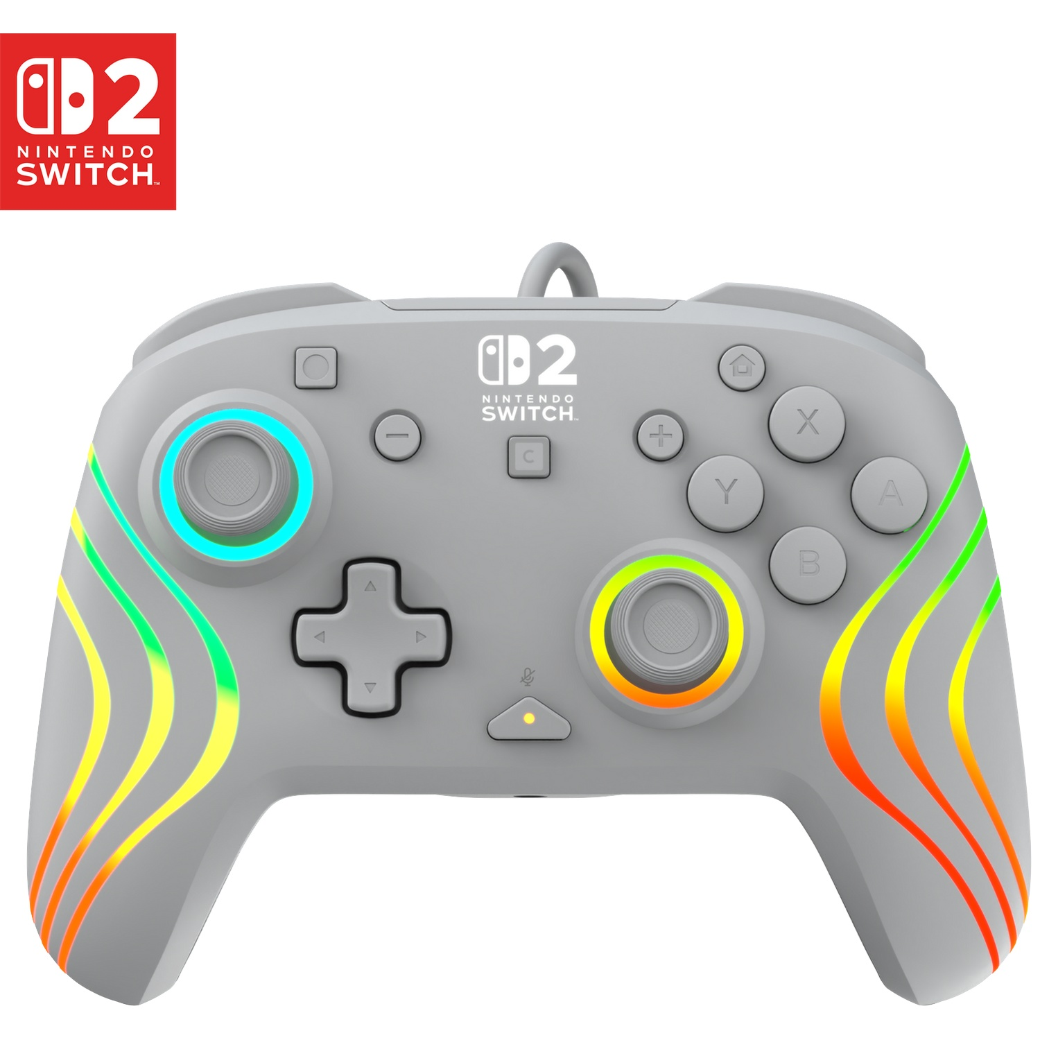 Une manette grise Nintendo Switch avec lumières colorées et le logo 8BitDo.