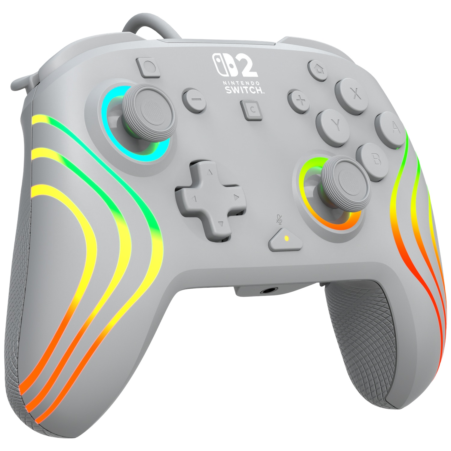 Manette grise Nintendo Switch avec des bandes lumineuses colorées.