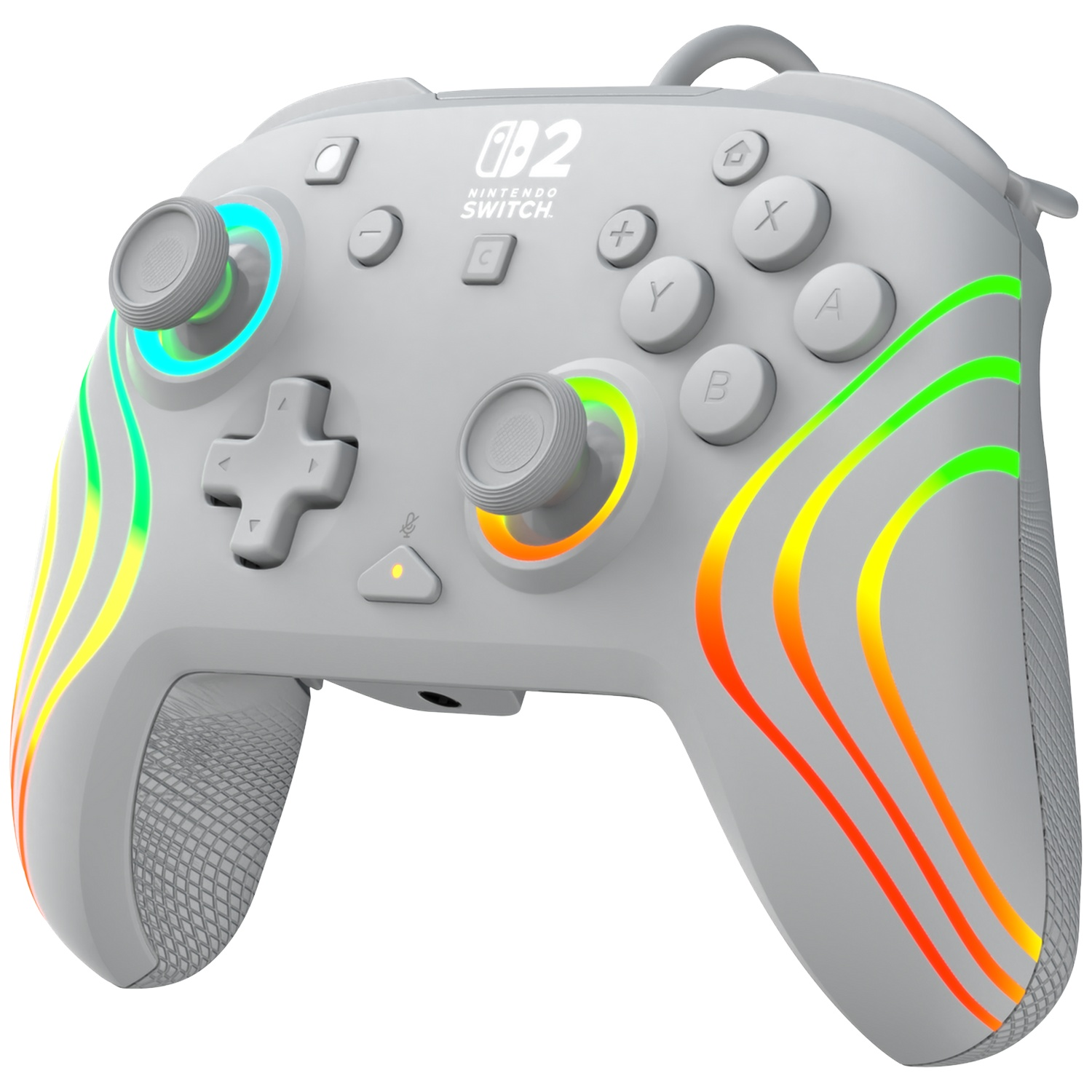 Une manette grise Nintendo Switch avec des rayures lumineuses colorées sur les côtés et des joysticks éclairés.