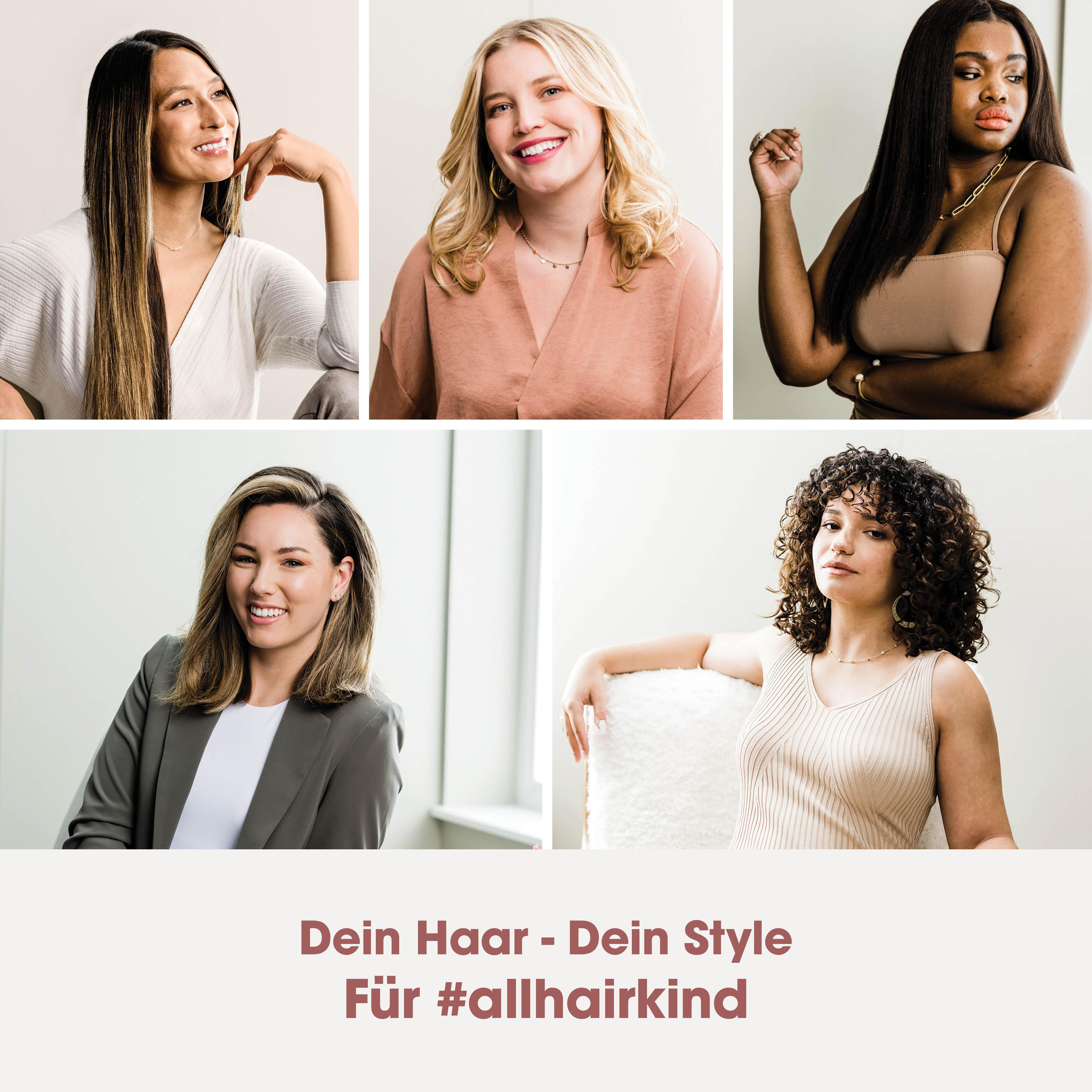 Fünf Frauen mit unterschiedlichen Frisuren und Hauttönen lächeln.