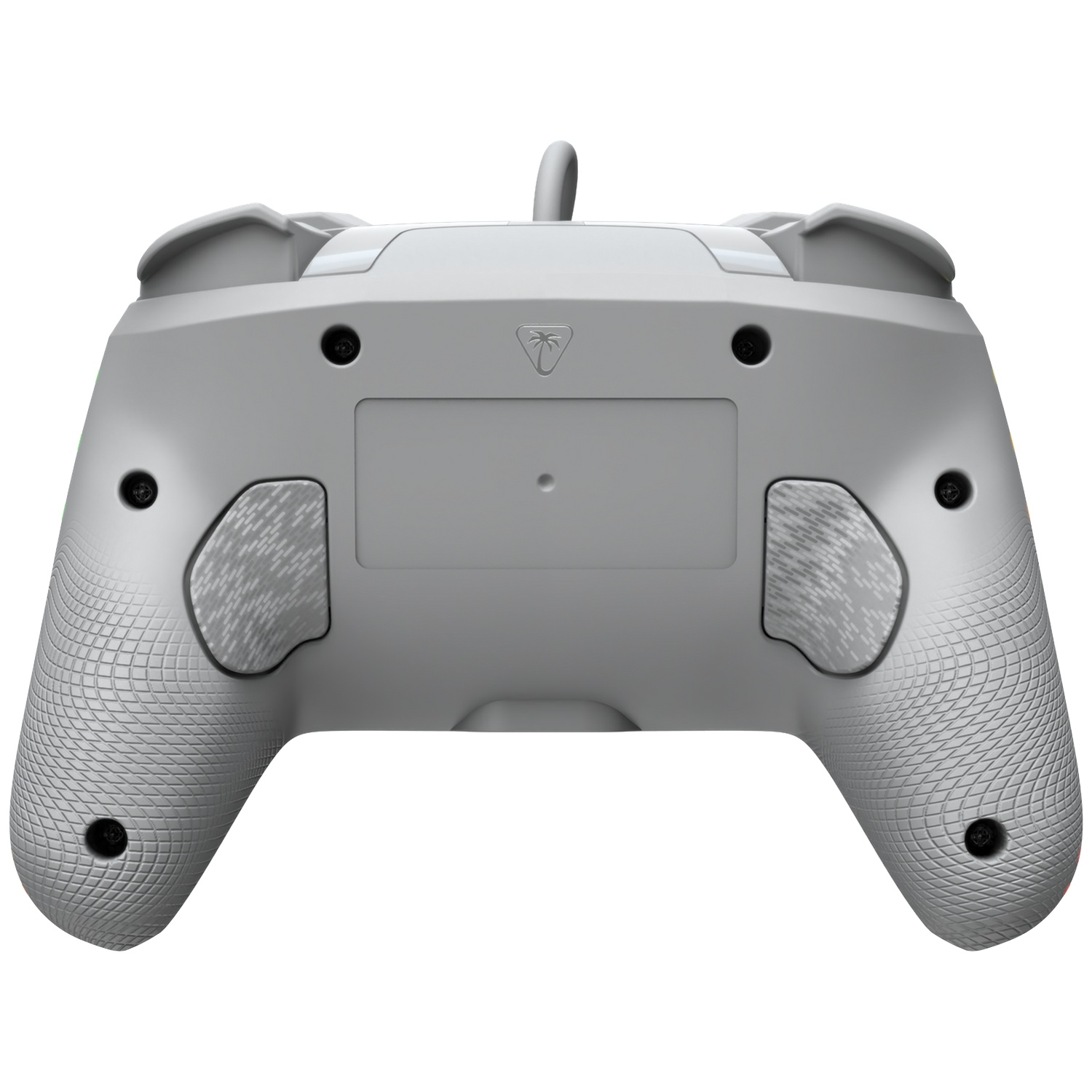 Dos d'une manette de jeu grise avec poignées et boutons texturés.