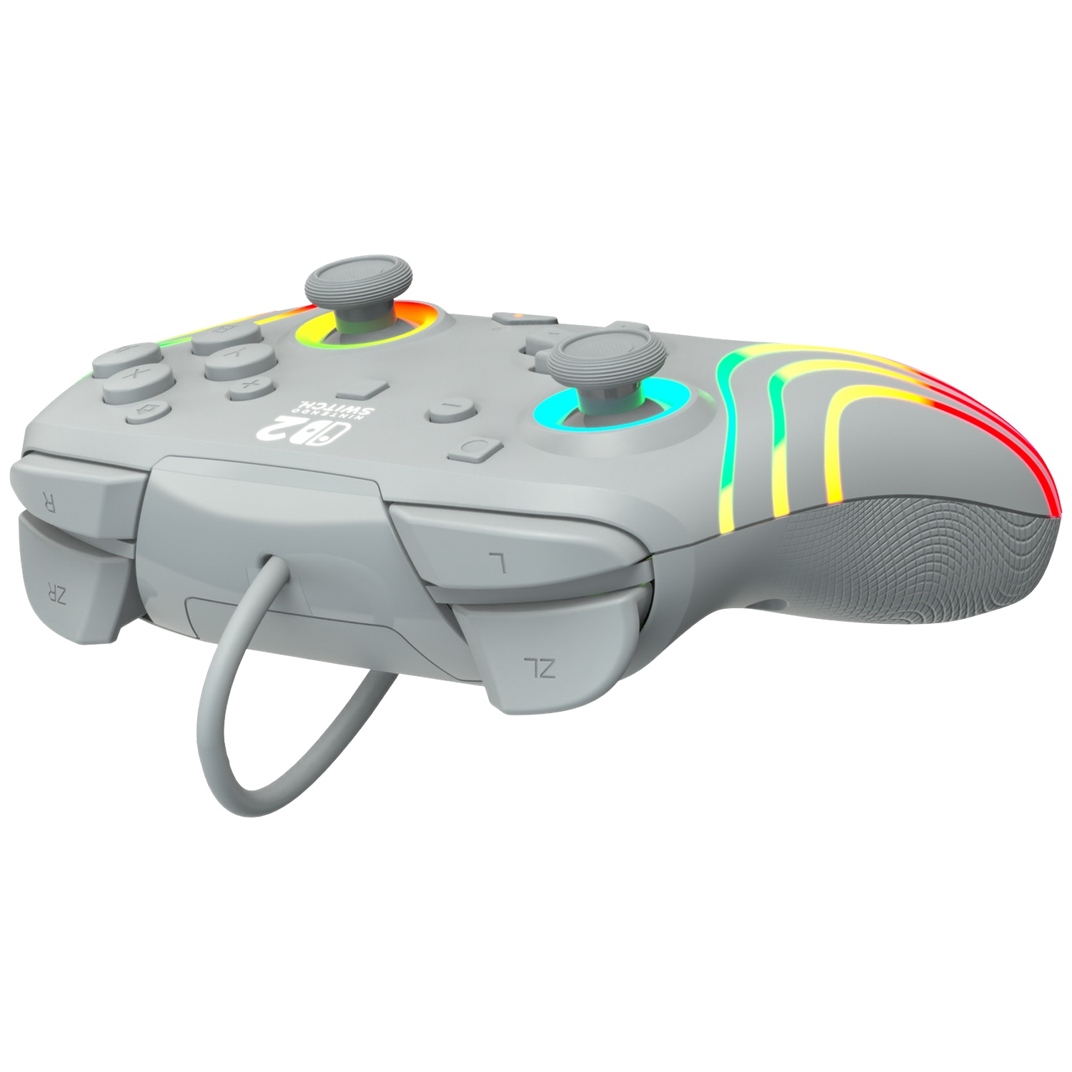 Manette grise Nintendo Switch avec lumières colorées et câble.