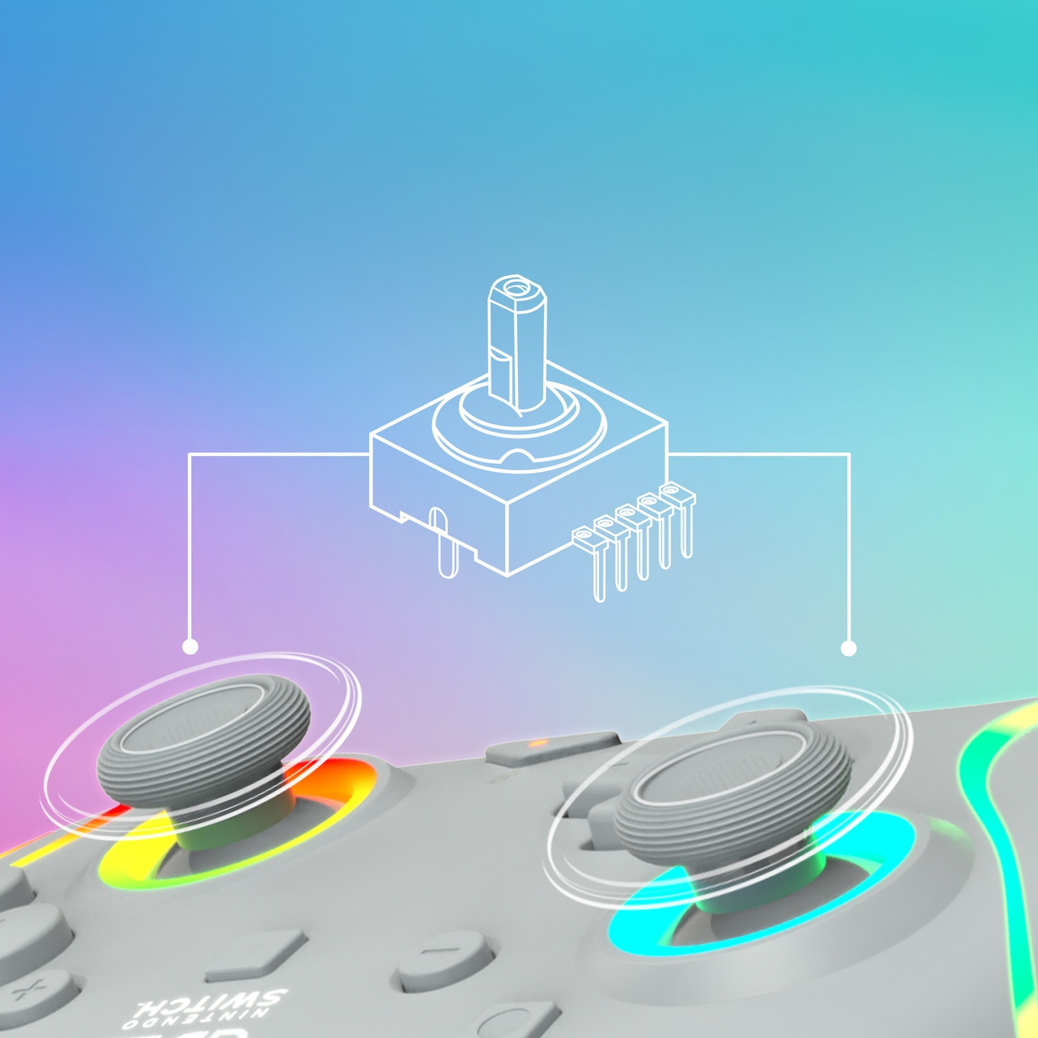 Manette grise Nintendo Switch avec un dessin schématique d'un composant de joystick.