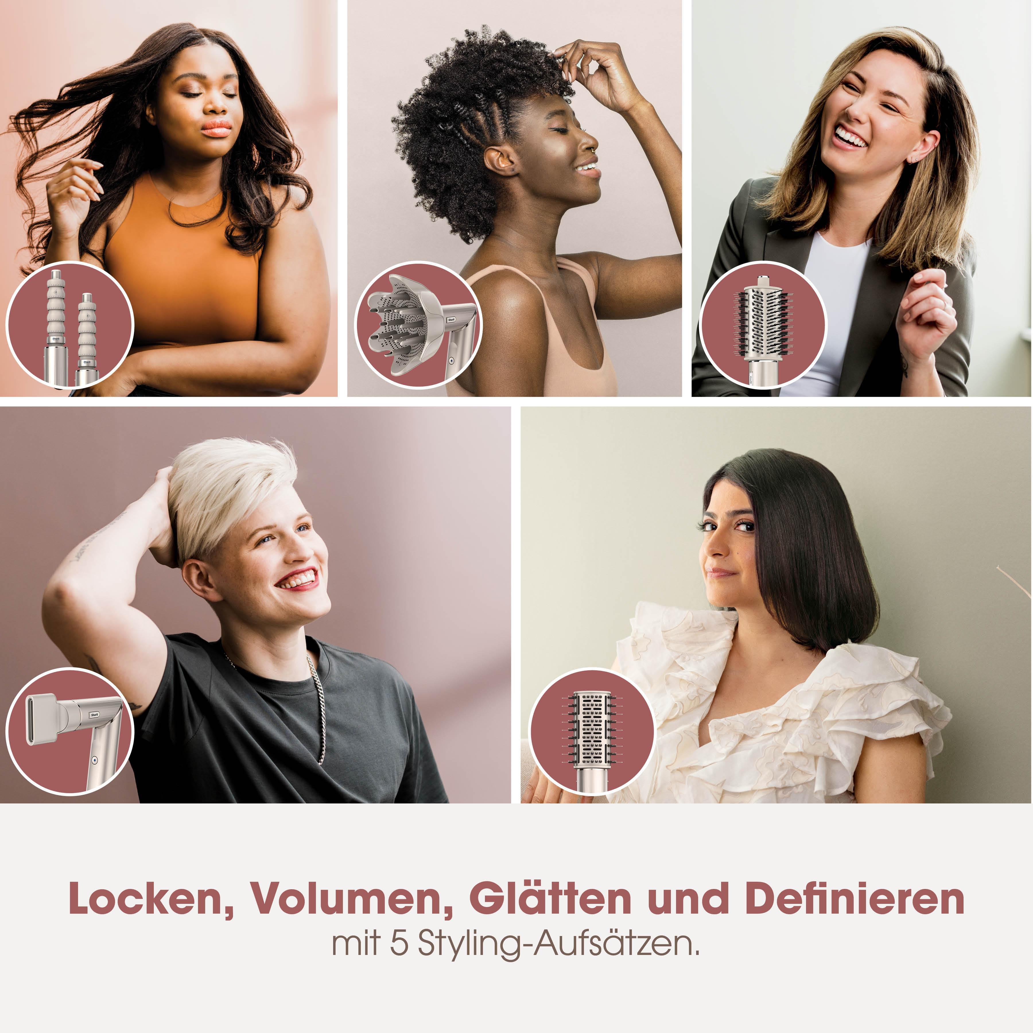 Fünf Frauen und Styling-Aufsätze: Locken, Volumen, Glätten, Definieren.