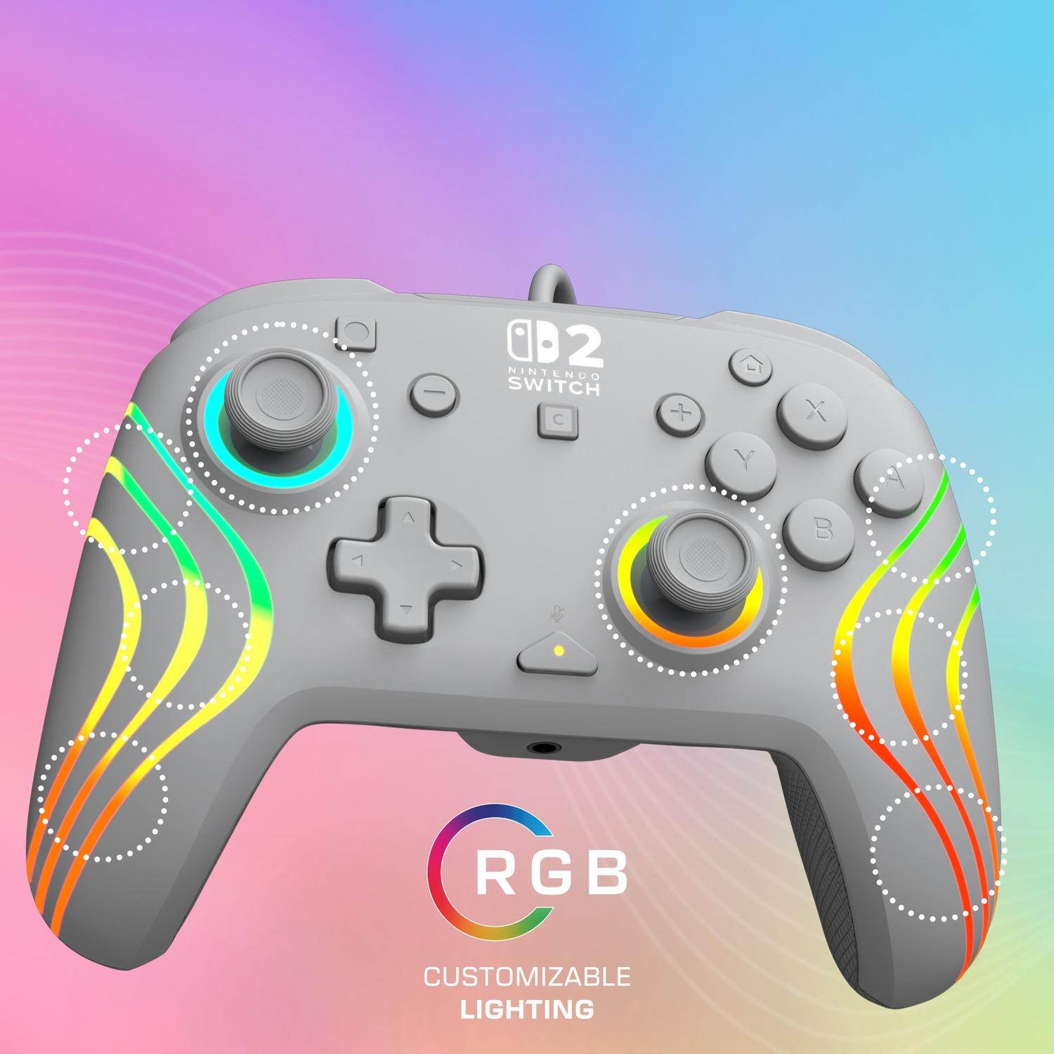 Manette grise Nintendo Switch avec éclairage RVB et motifs ondulés.