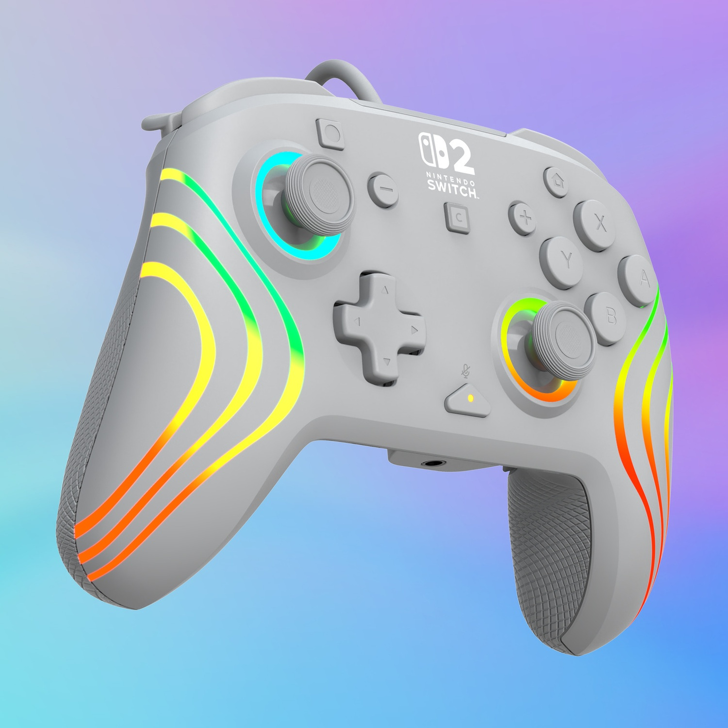 Une manette grise Nintendo Switch avec des lumières colorées et des accents RVB.
