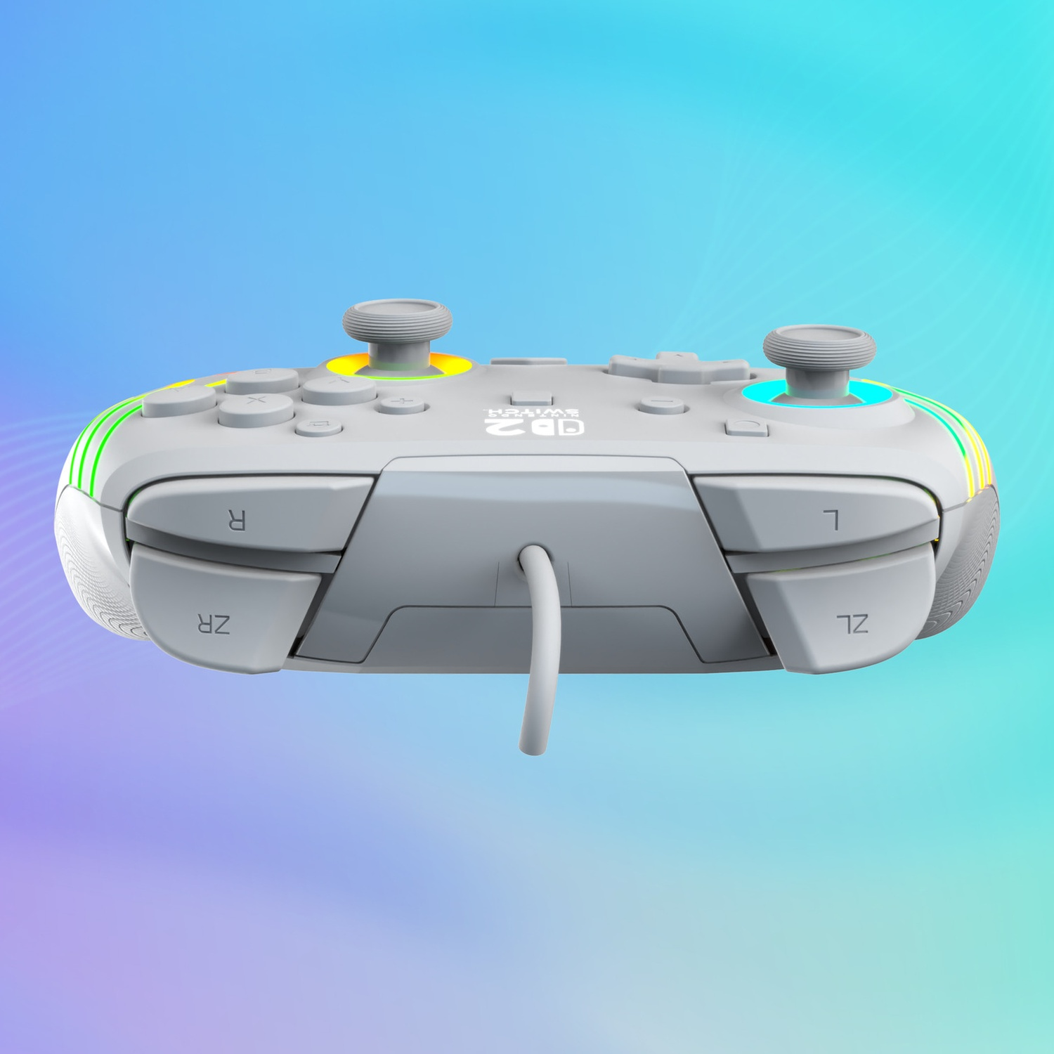 Une manette grise Nintendo Switch avec des lumières colorées sur le bord sur fond bleu.