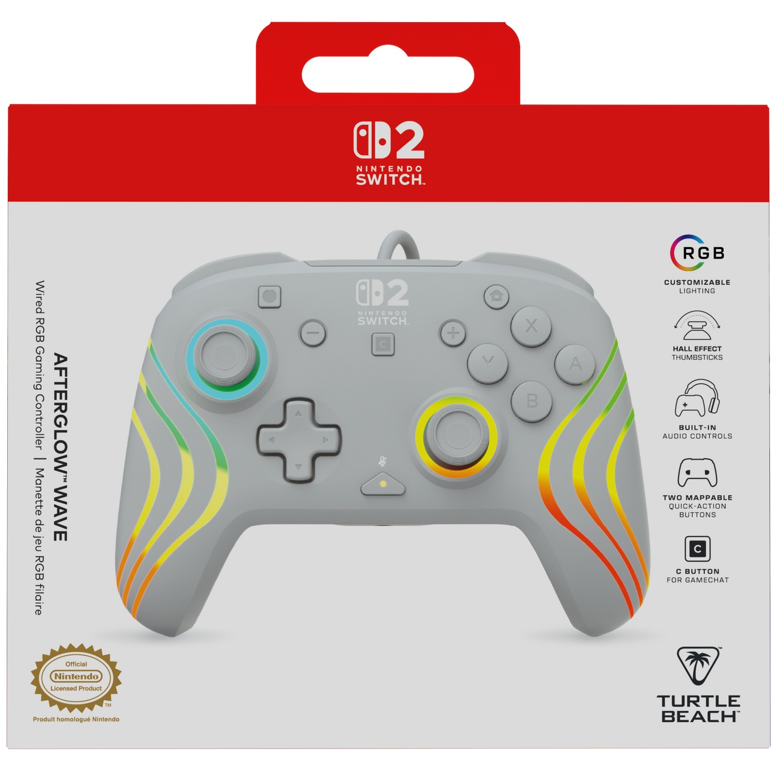 Manette grise Nintendo Switch avec éclairage RVB et motif ondulé.