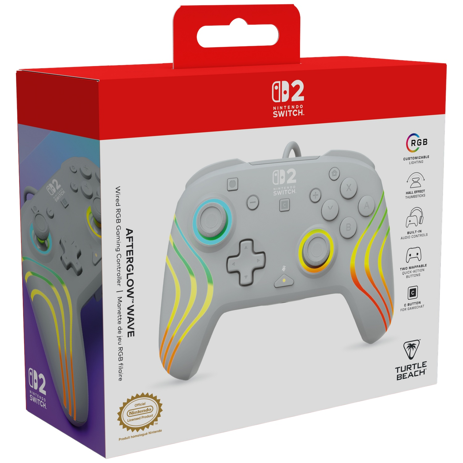 Manette grise Nintendo Switch avec éclairage RVB et motif ondulé.
