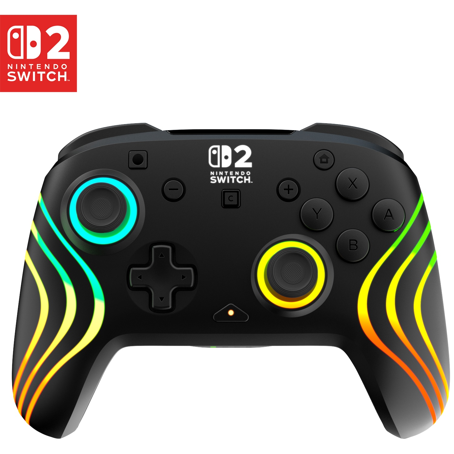Manette noire Nintendo Switch avec des accents lumineux colorés et des boutons.