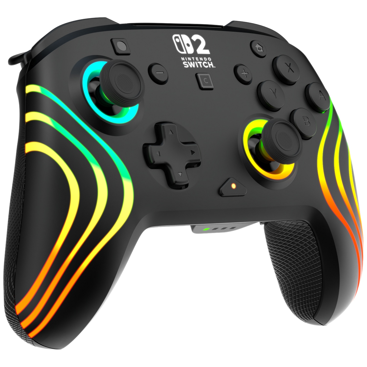 Manette noire Nintendo Switch avec rayures lumineuses colorées et poignées texturées.