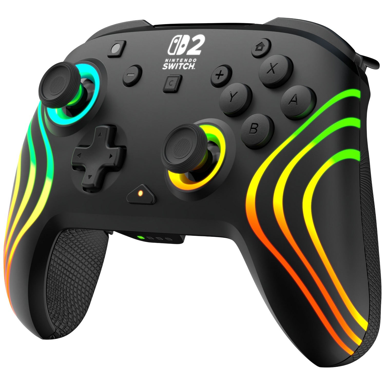 Manette noire Nintendo Switch avec arcs lumineux colorés et boutons.