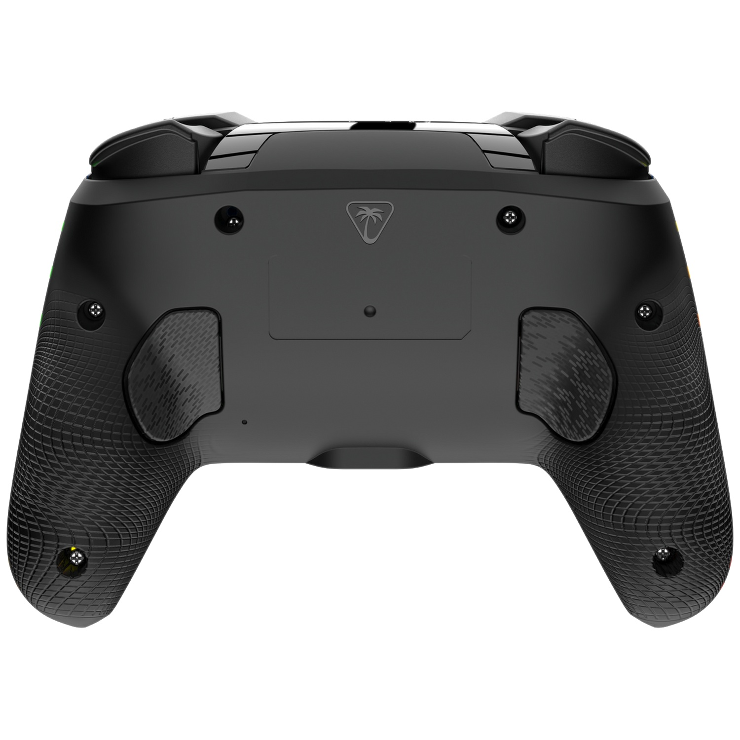 Manette de jeu noire de dos, avec poignées texturées et boutons d'épaule.