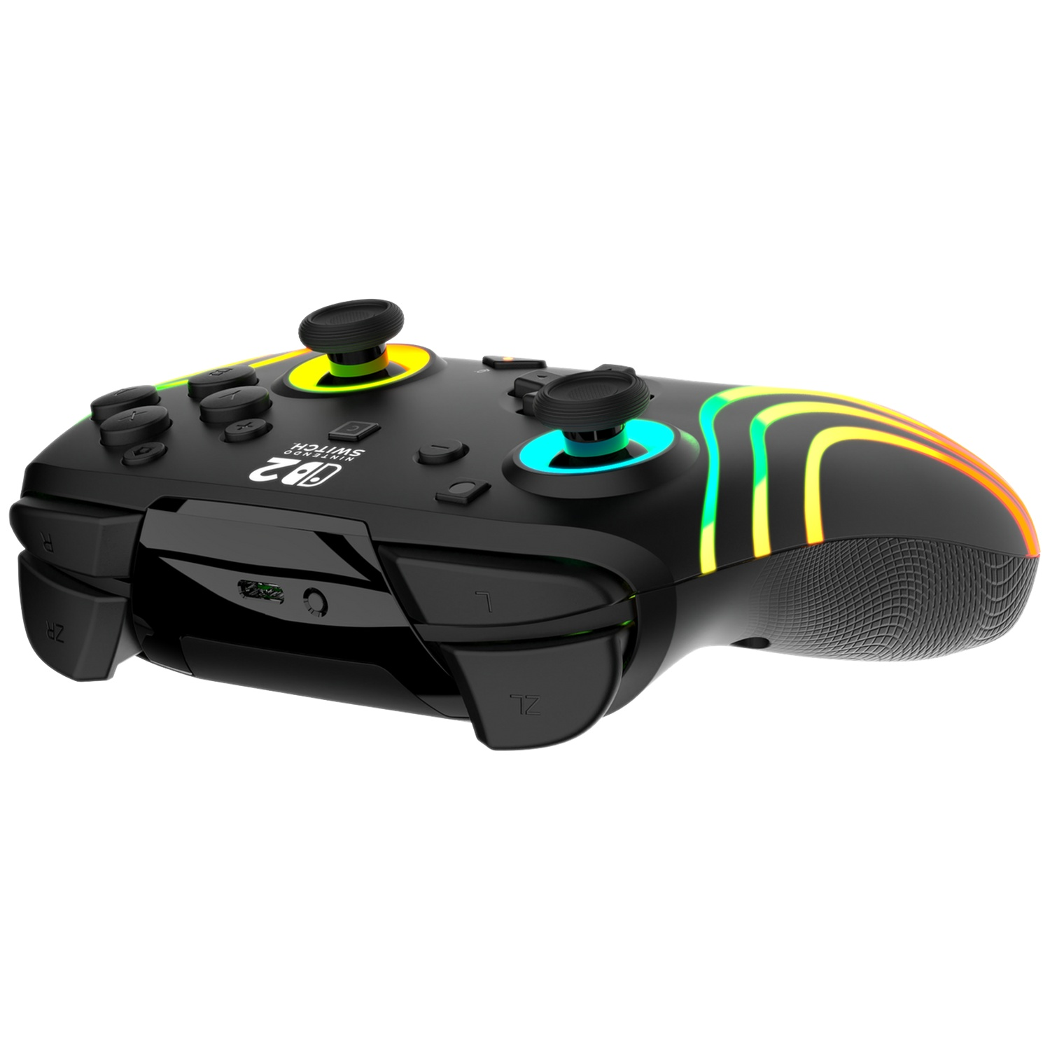 Manette noire avec éclairage LED arc-en-ciel et deux joysticks.