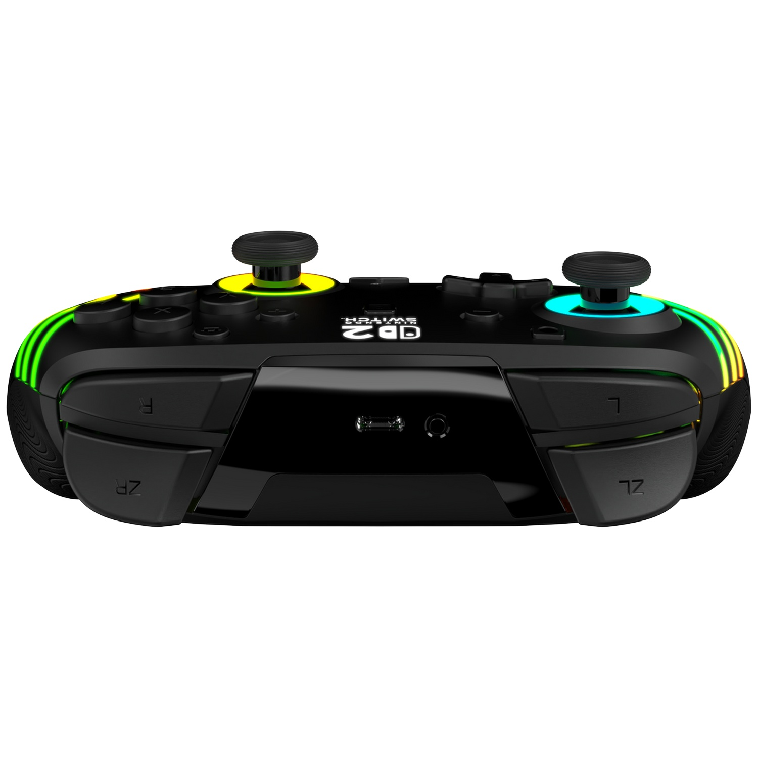 Manette de jeu noire avec anneaux lumineux autour des joysticks.