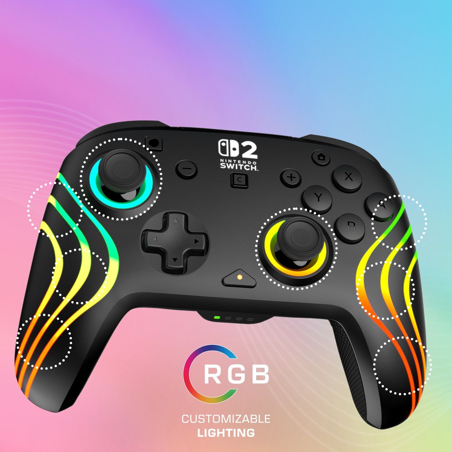 Manette noire Nintendo Switch avec éclairage RVB et rayures orange, jaunes et vertes.