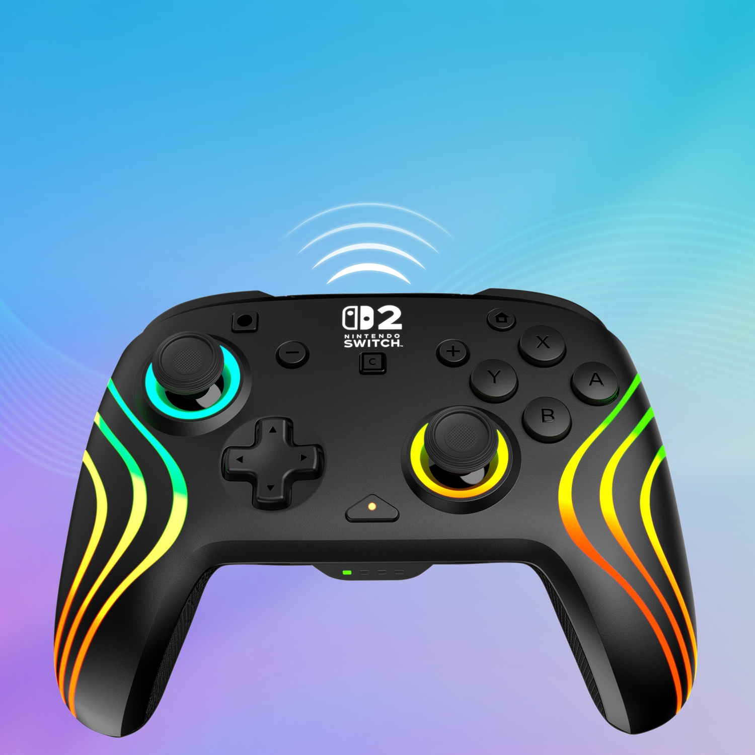 Manette noire Nintendo Switch avec lumières colorées, connectée sans fil.