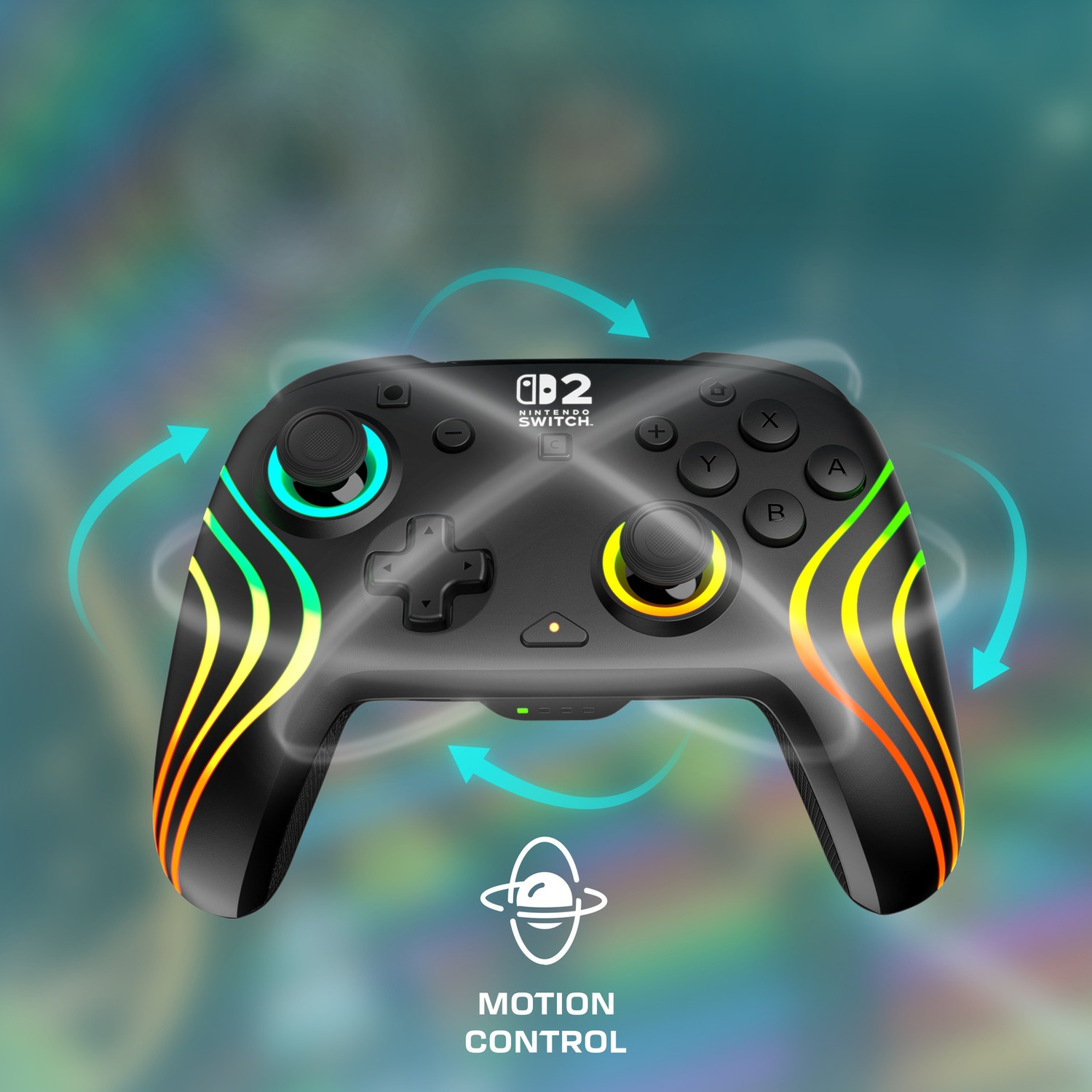Manette noire Nintendo Switch avec bandes lumineuses colorées et flèches.