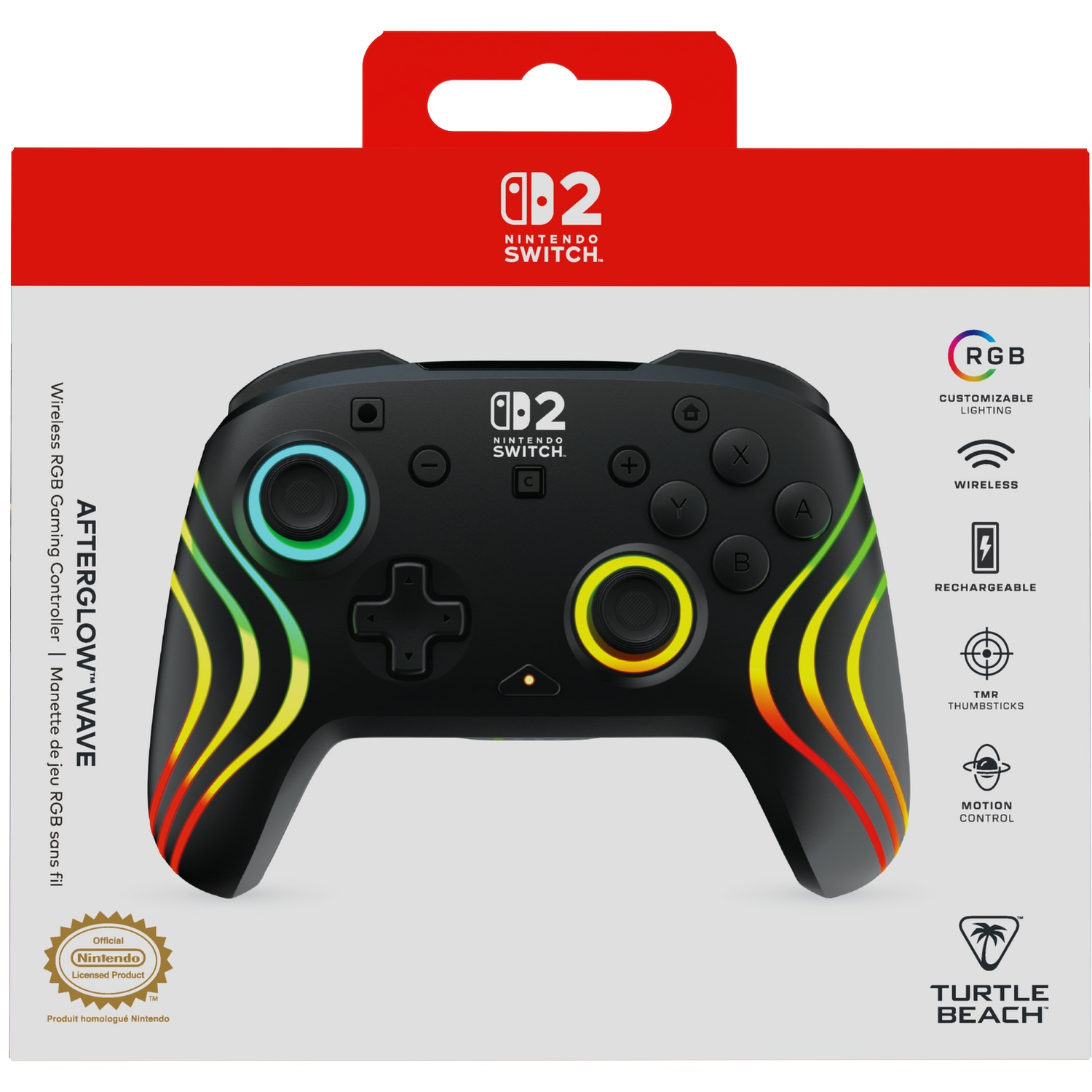 Une manette Nintendo Switch noire avec des vagues RVB et le texte 'Afterglow Wave'.