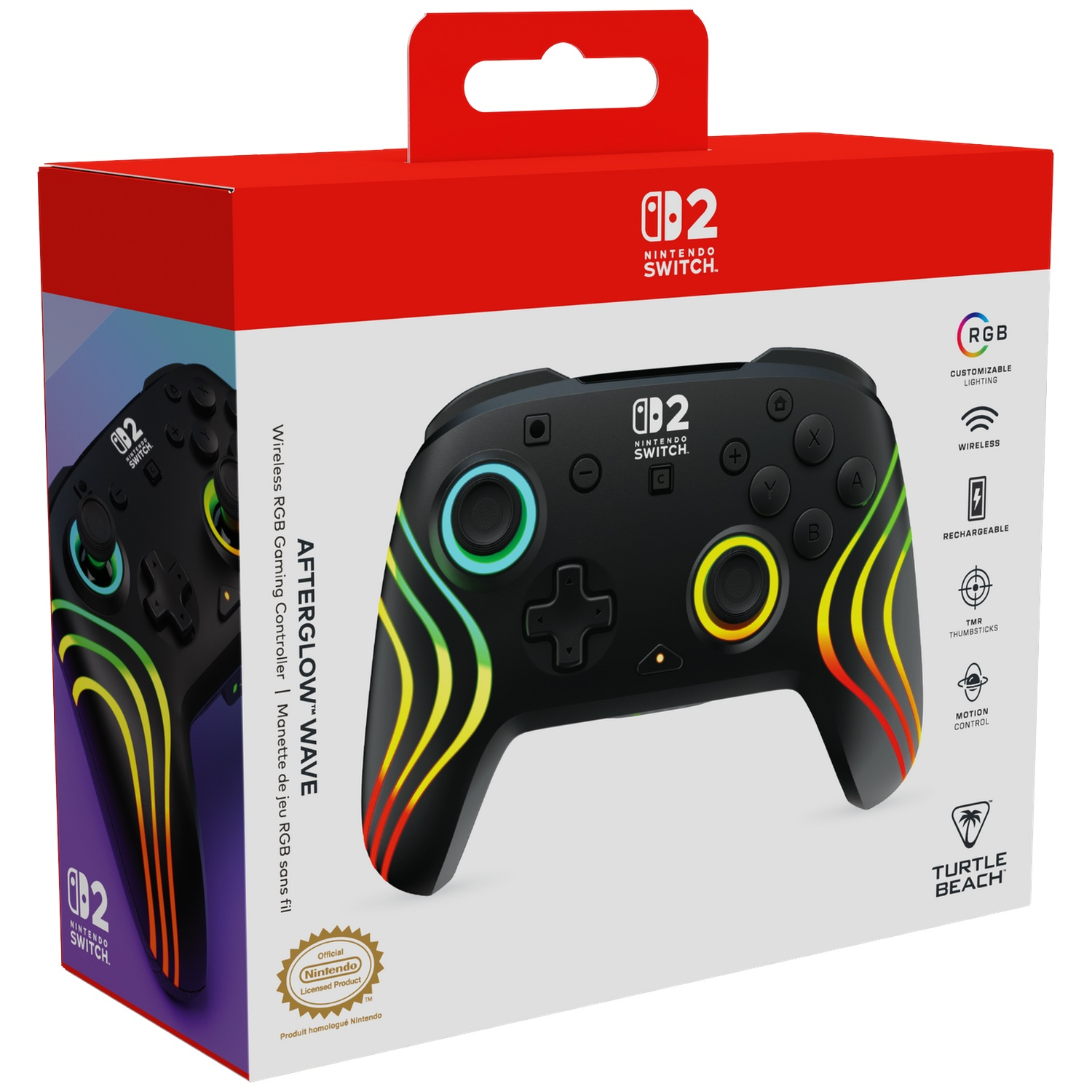 Manette noire Nintendo Switch avec lumières ondulées RGB colorées sur une boîte.
