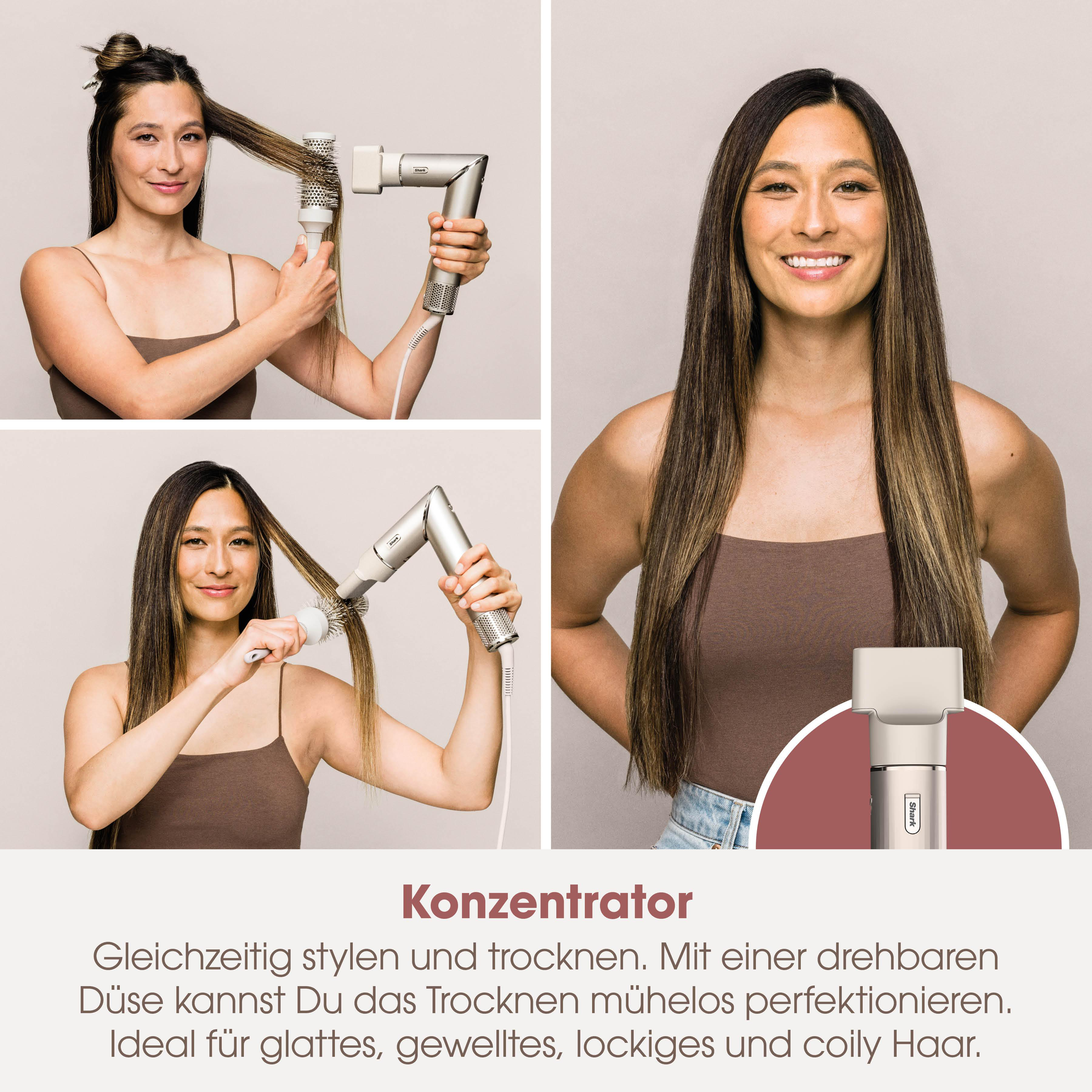 Frau stylt ihr Haar mit einem Lockenstab und Föhn.