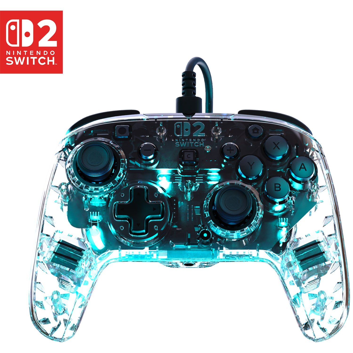 Une manette transparente Nintendo Switch avec lumières bleues et logo.