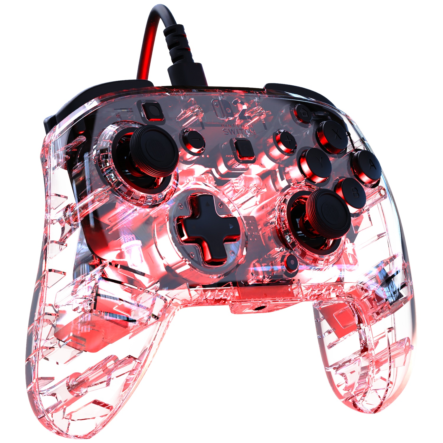 Manette transparente avec lumières rouges et boutons noirs.