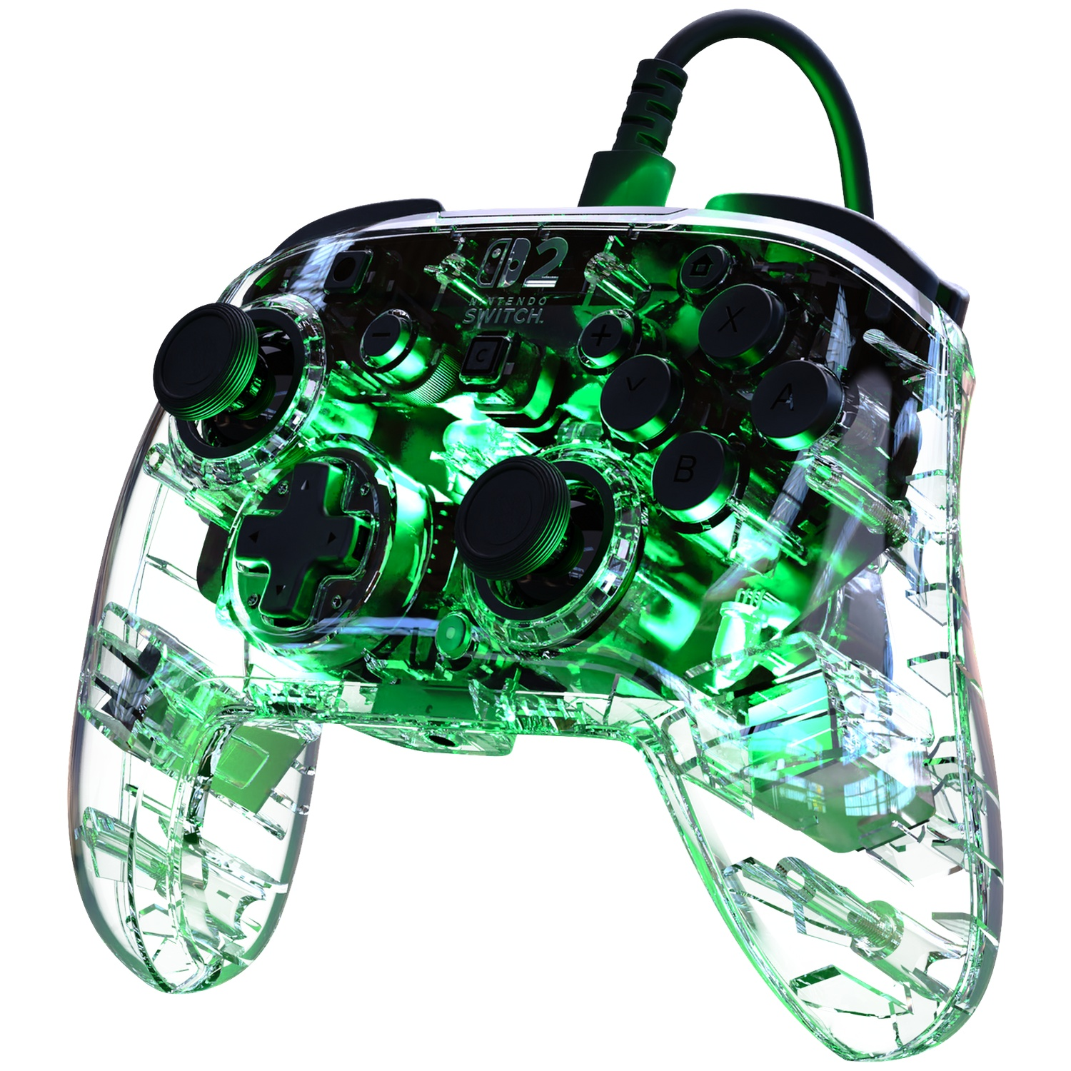 Une manette transparente Nintendo Switch éclairée en vert avec des boutons noirs.