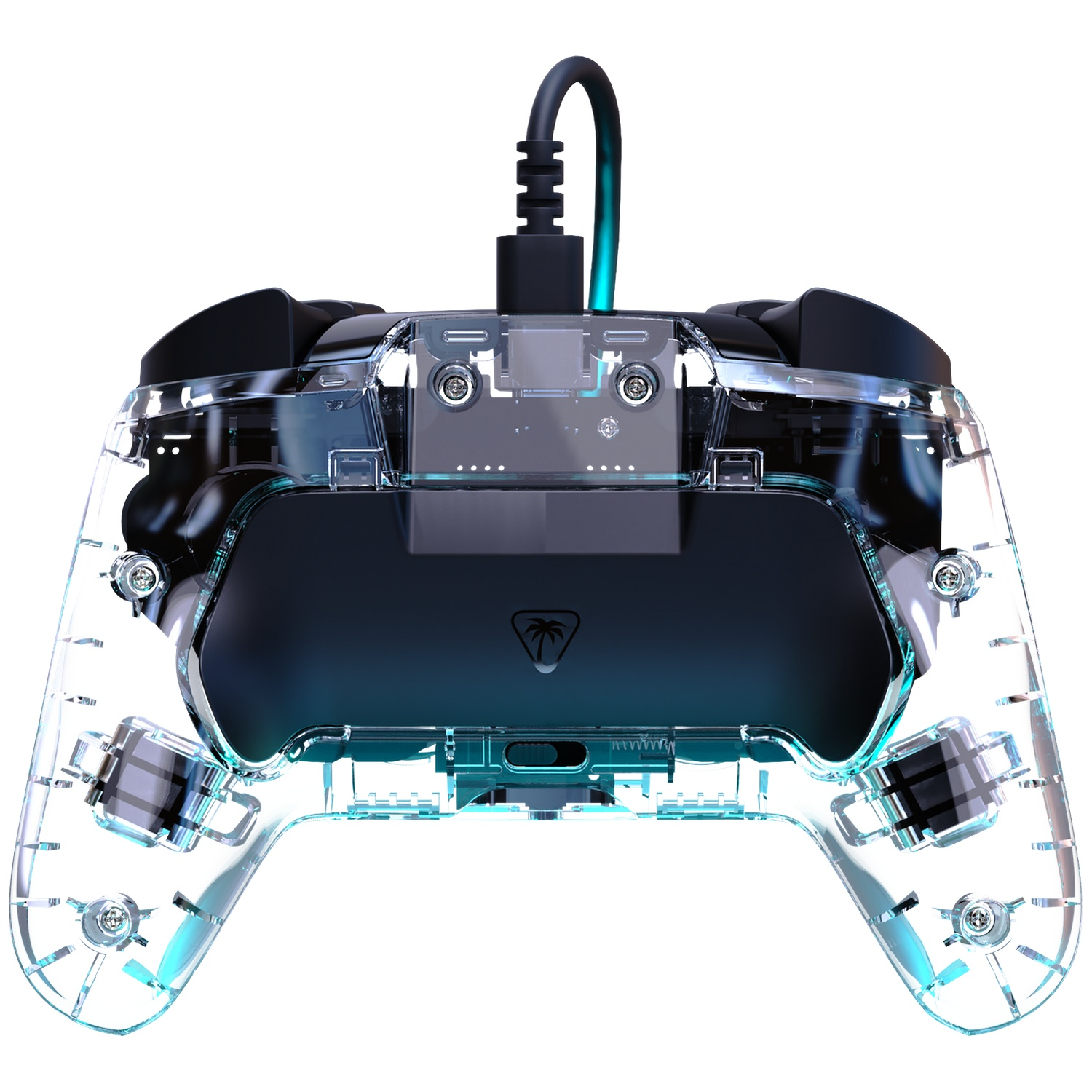 Manette de jeu transparente avec lumières LED bleues et câble noir.