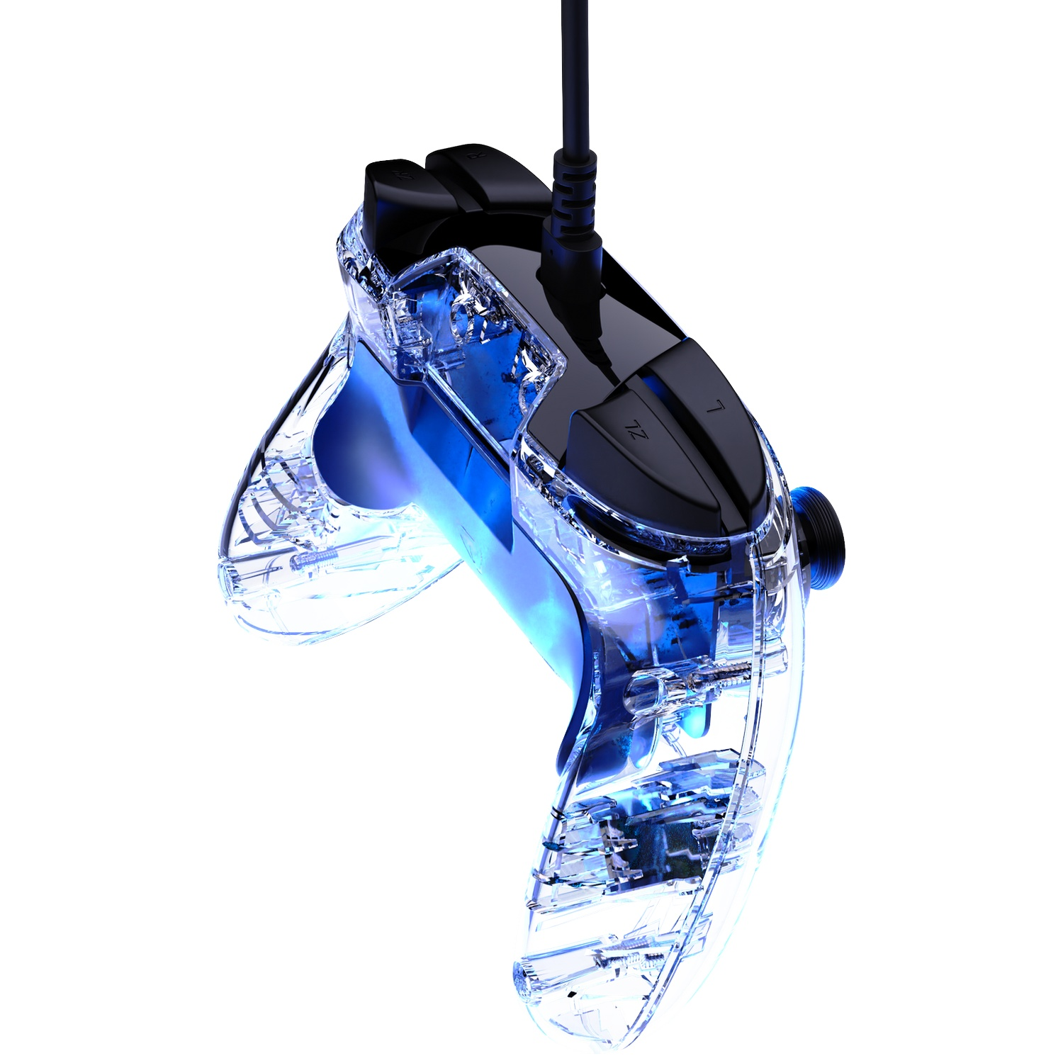 Une manette transparente avec éclairage bleu et boutons noirs.