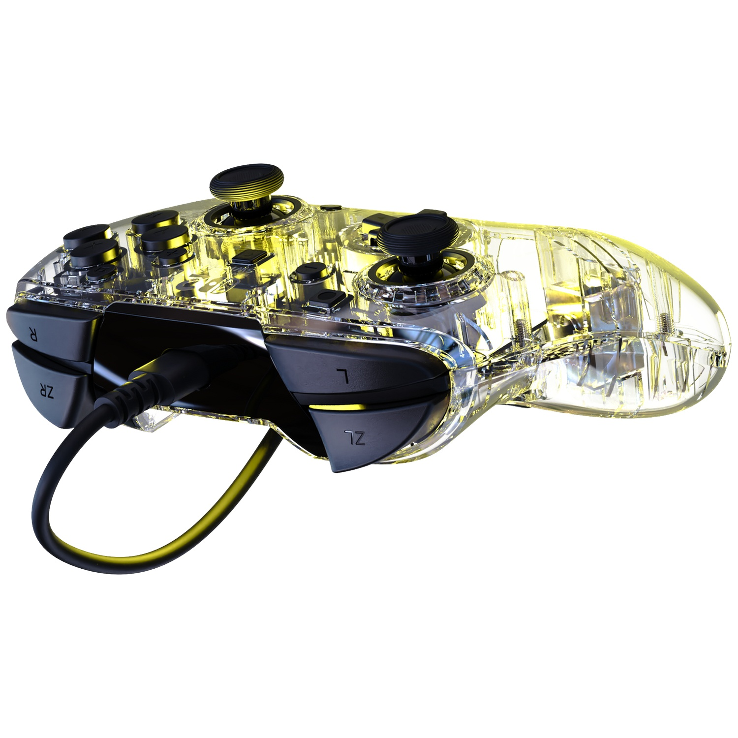 Manette transparente avec lumière jaune, câble et boutons noirs.