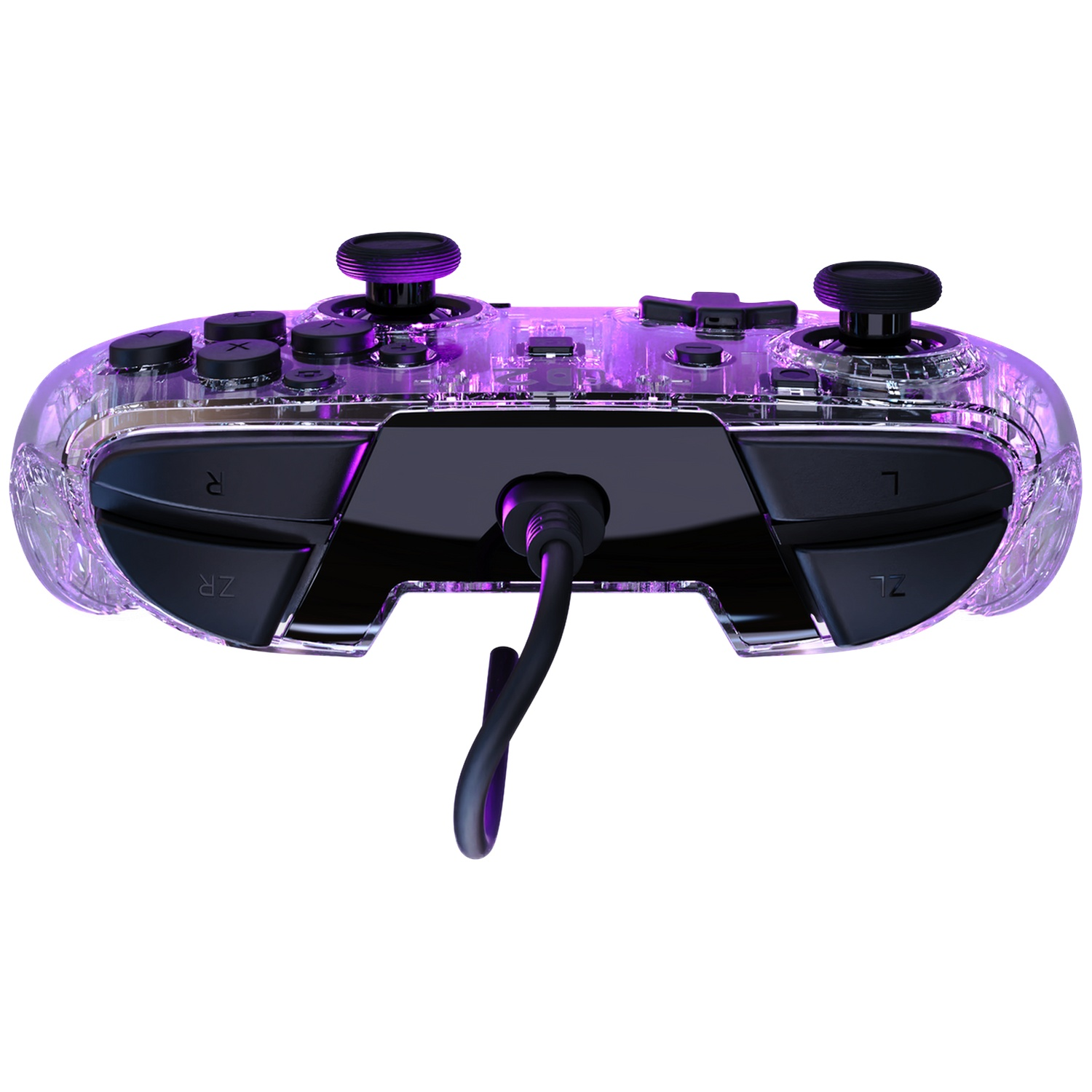 Manette transparente avec éclairage violet et câble noir.