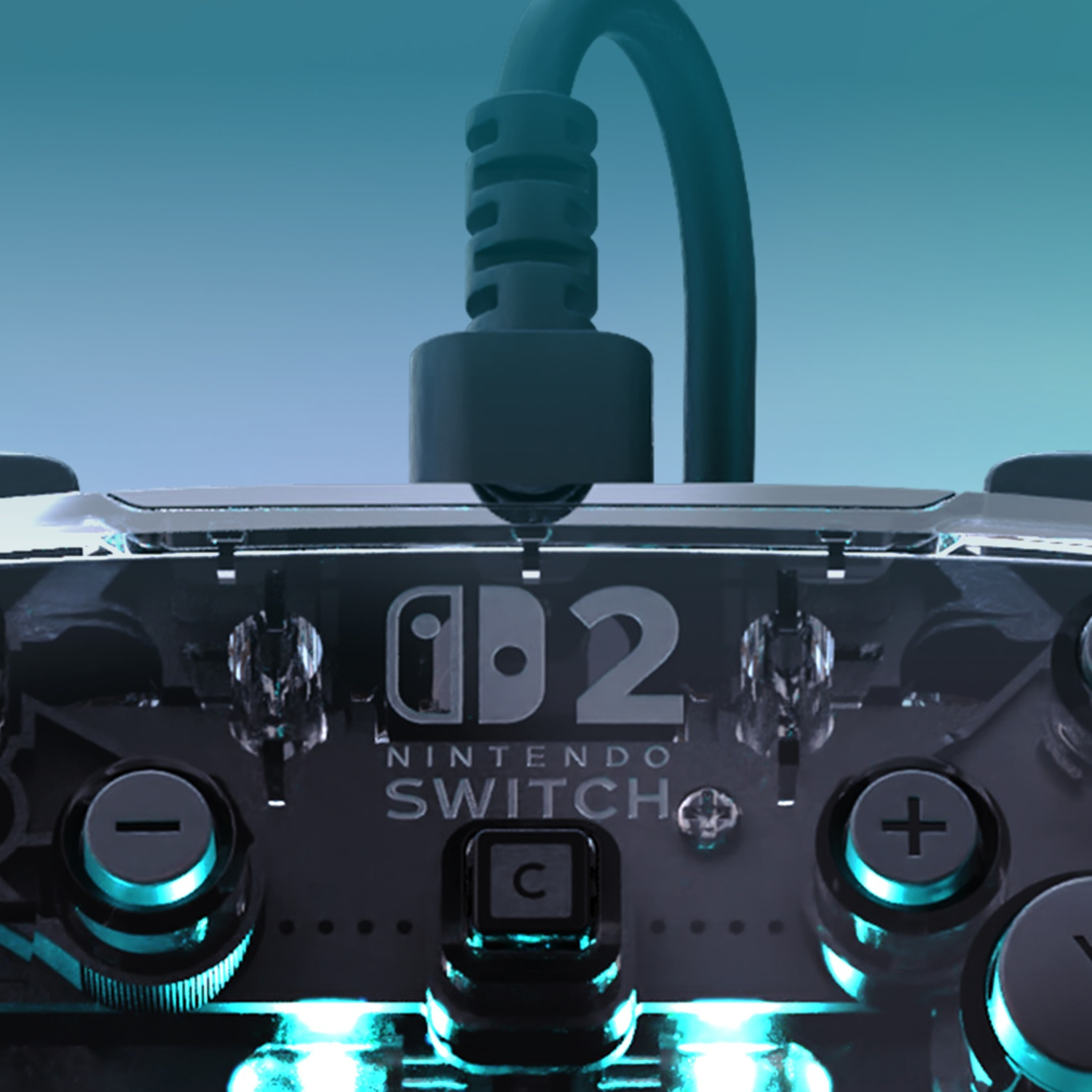 Gros plan d'une manette Nintendo Switch avec câble. Éclairage bleu.