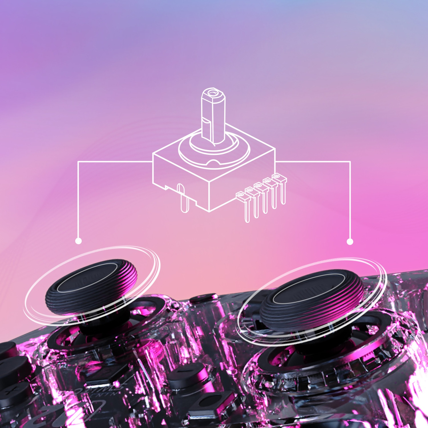 Gros plan d'une manette transparente avec éclairage rose et deux joysticks noirs.