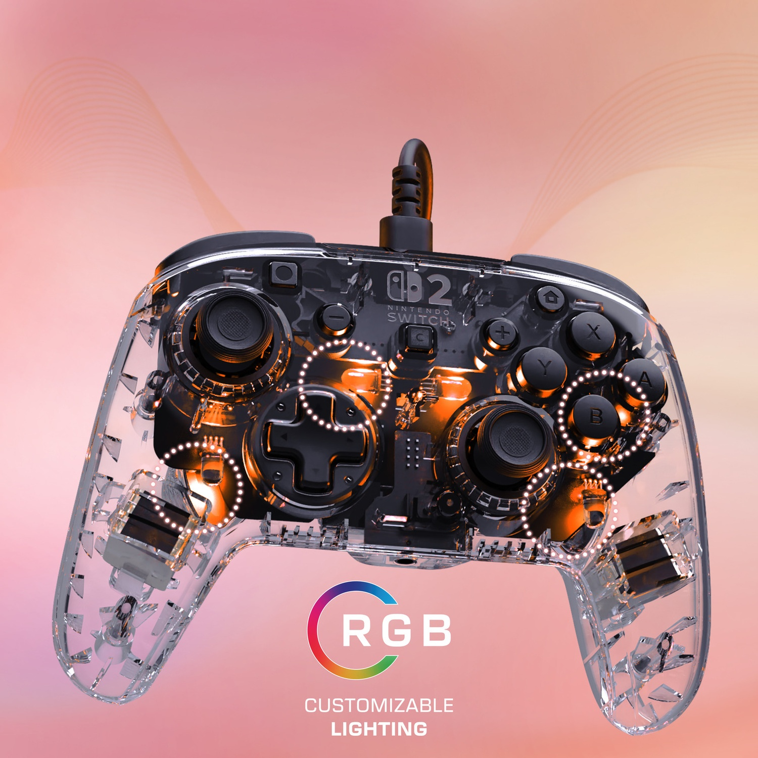 Manette transparente Nintendo Switch avec éclairage RVB et électronique visible.