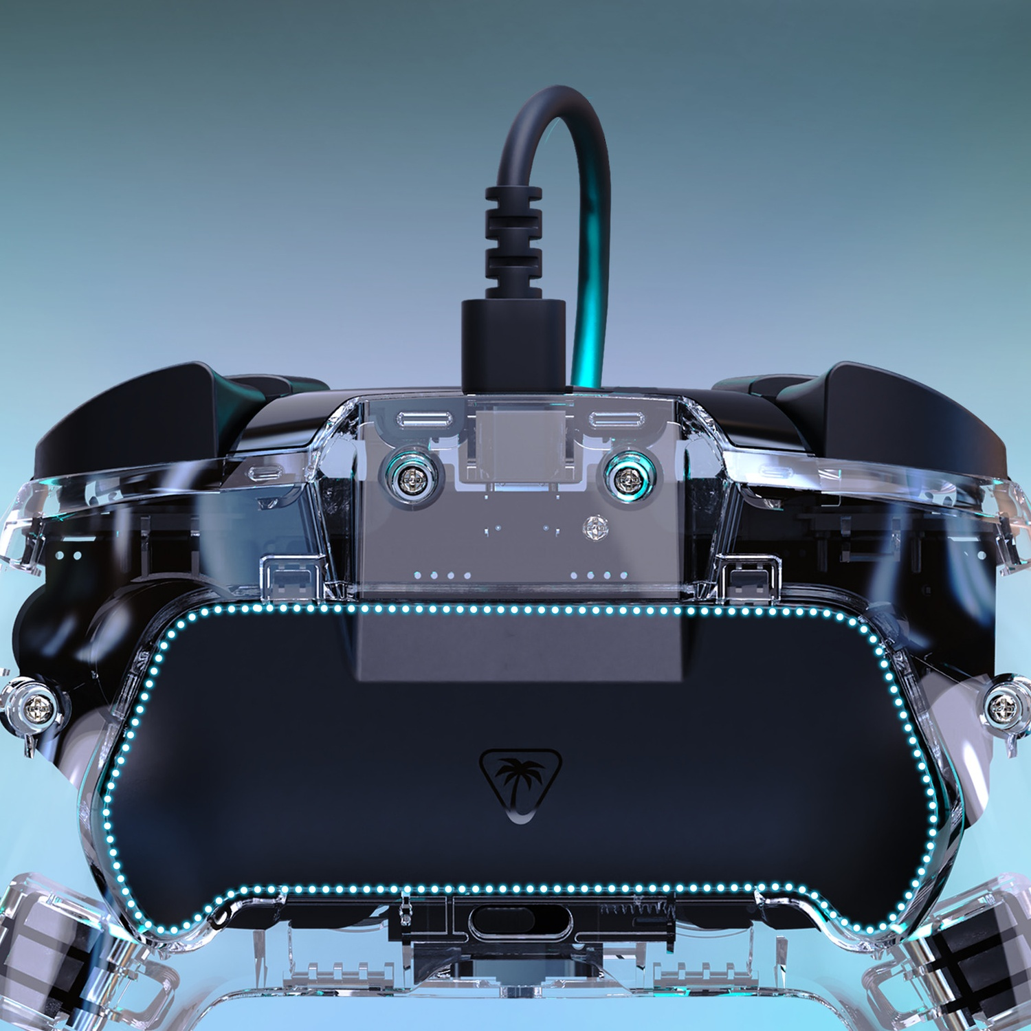 Une manette transparente avec des lumières bleues et un câble noir.