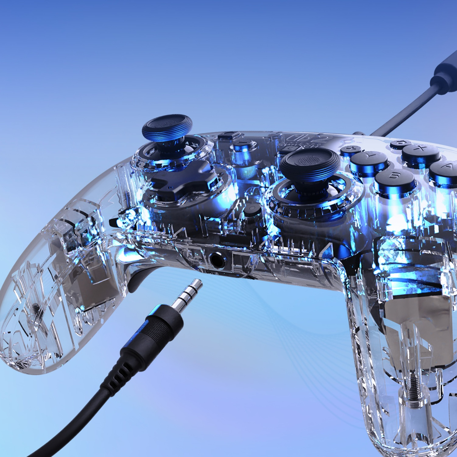Une manette transparente avec des lumières bleues et un câble branché.